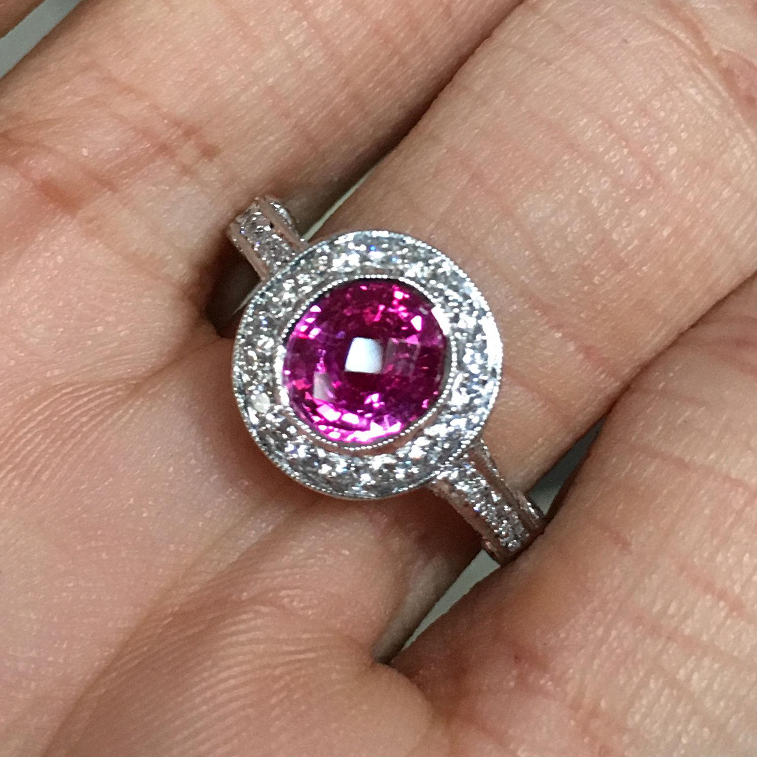 Round Cut 2.25 Carat Pink Sapphire and Diamond and Platinum Engagement Ring For Sale