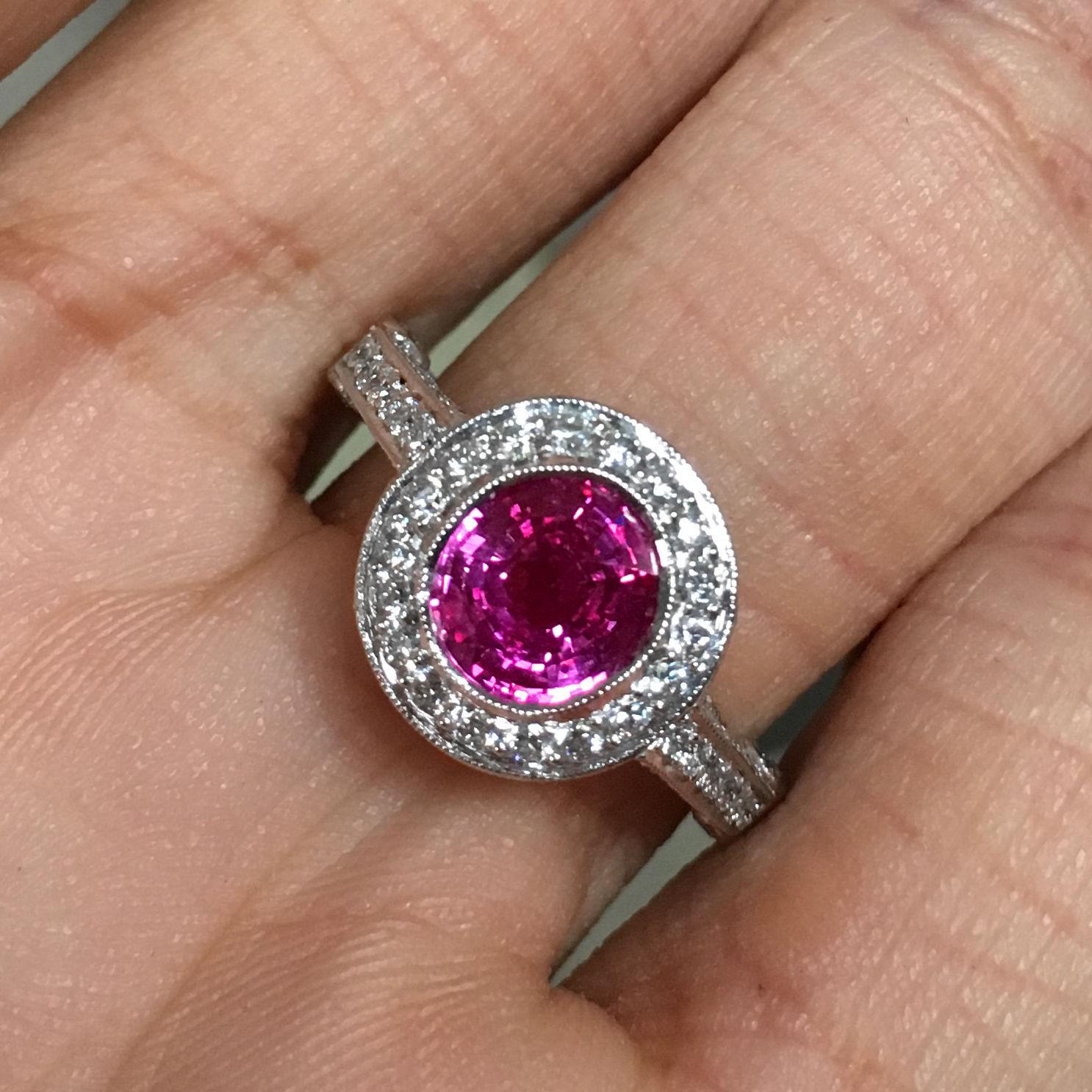 2.25 Carat Pink Sapphire and Diamond and Platinum Engagement Ring In New Condition For Sale In West Hollywood, CA