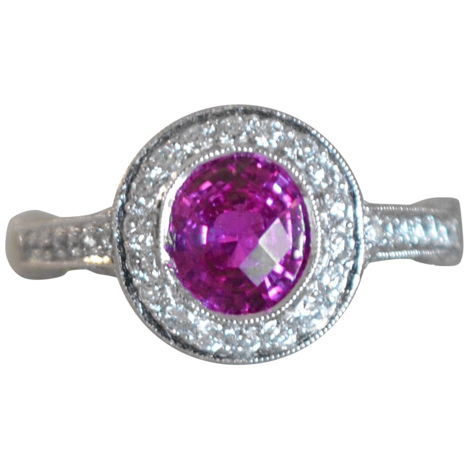 2.25 Carat Pink Sapphire and Diamond and Platinum Engagement Ring For Sale