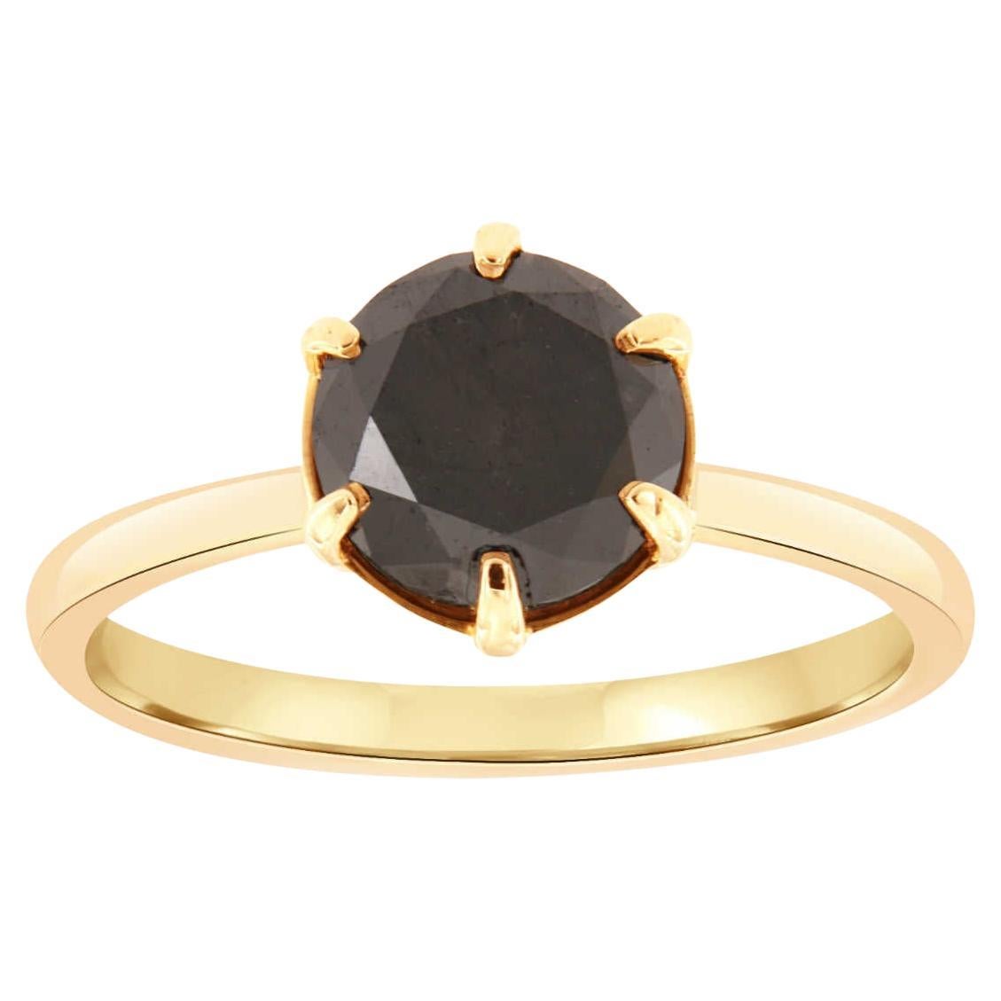 2.25 Carat Round Black Diamond 14k Yellow Gold Solitaire Ring