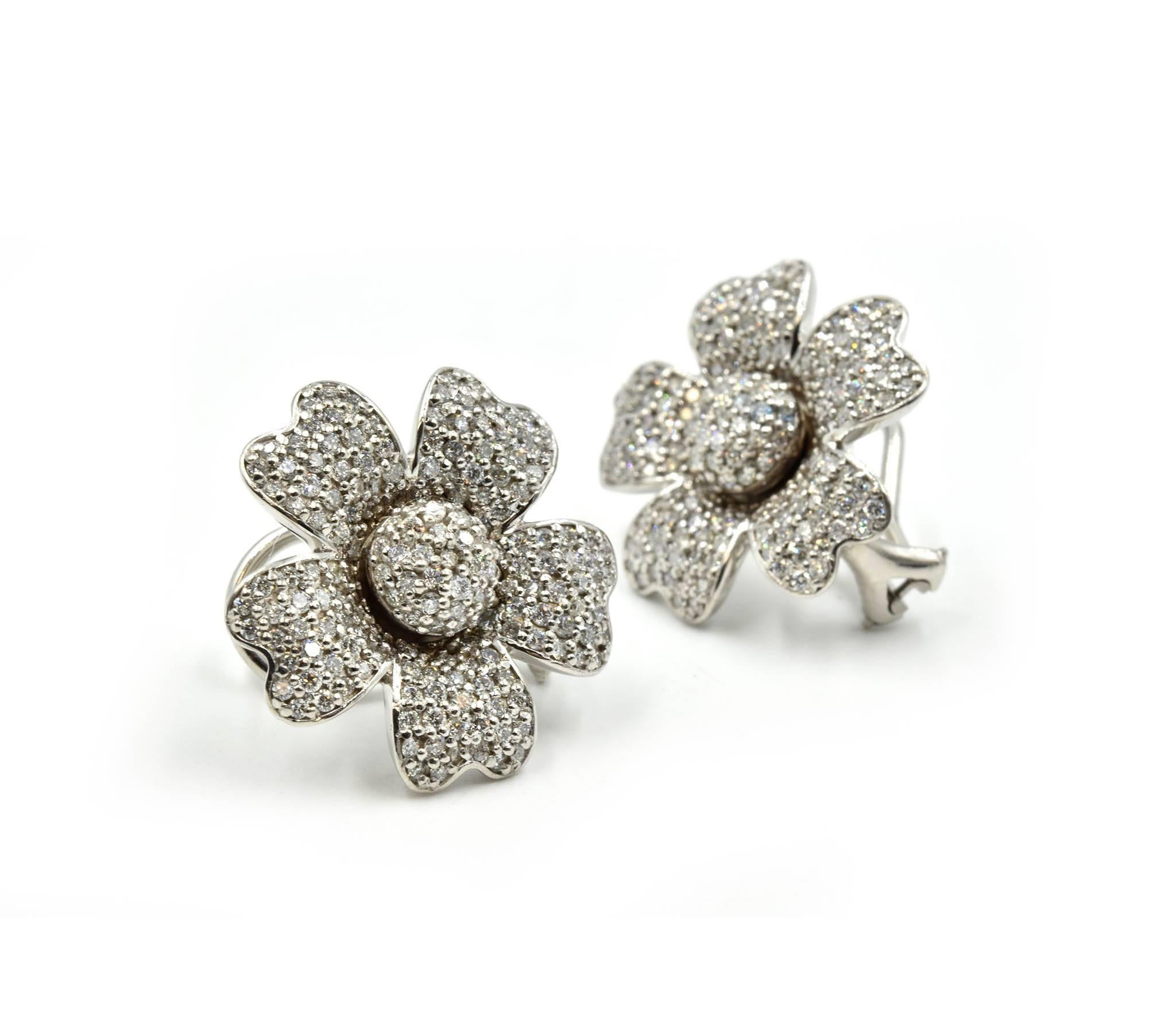 Designer: custom design
Material: 14k white gold
Diamonds: 344 round brilliant cut diamonds = 2.25 carat total weight
Fastenings: omega backs
Dimensions: each earring measures 3/4-inches in length
Weight: 17.60 grams
