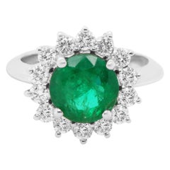 2.25 Carat Round Emerald and Diamond Floral Effect Halo Ring 18 Karat White Gold