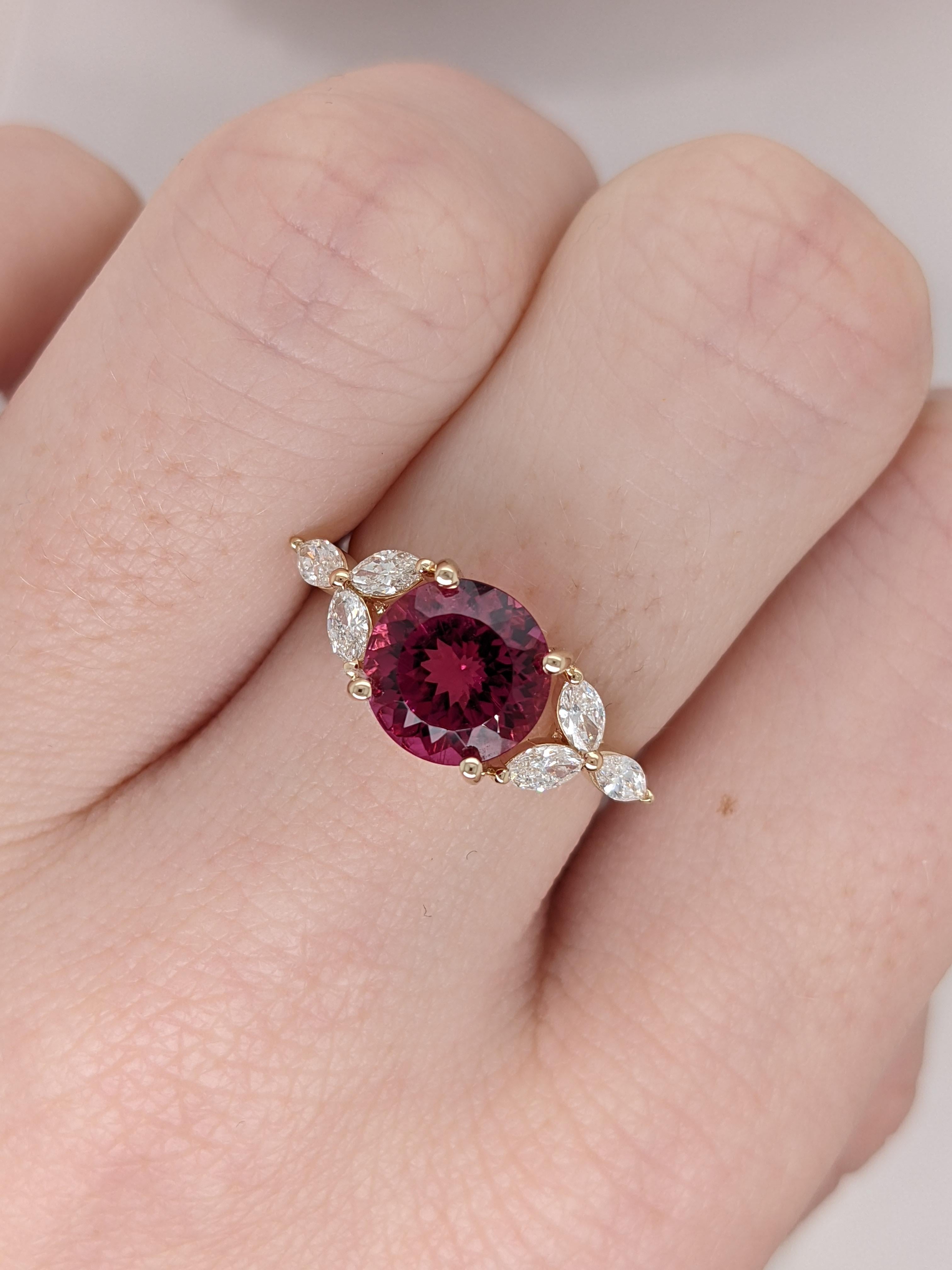 2.25 carat Rubellite Tourmaline in 14k Yellow Gold w Diamond Accents Round 8mm In New Condition For Sale In Columbus, OH