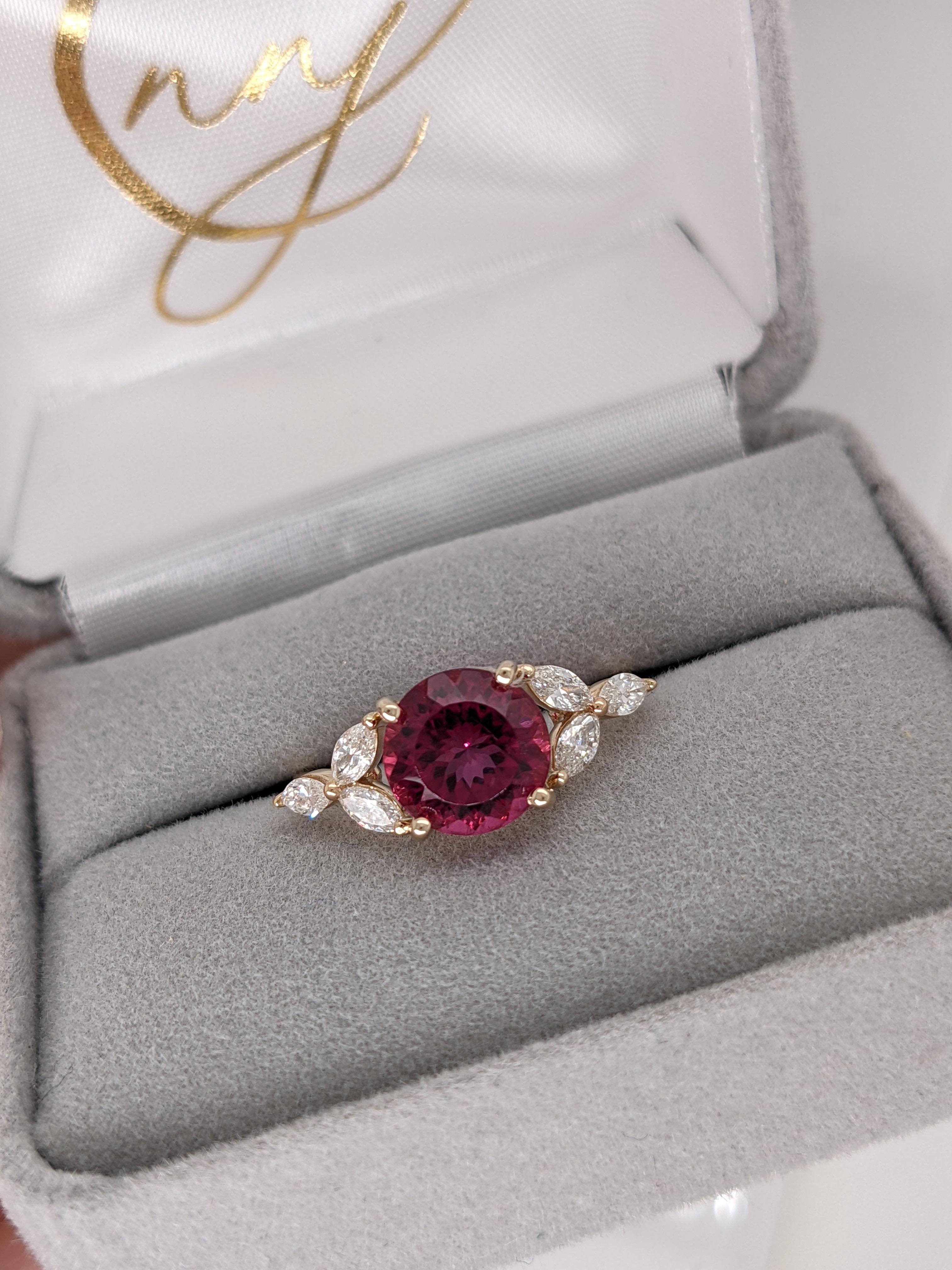 Women's 2.25 carat Rubellite Tourmaline in 14k Yellow Gold w Diamond Accents Round 8mm For Sale