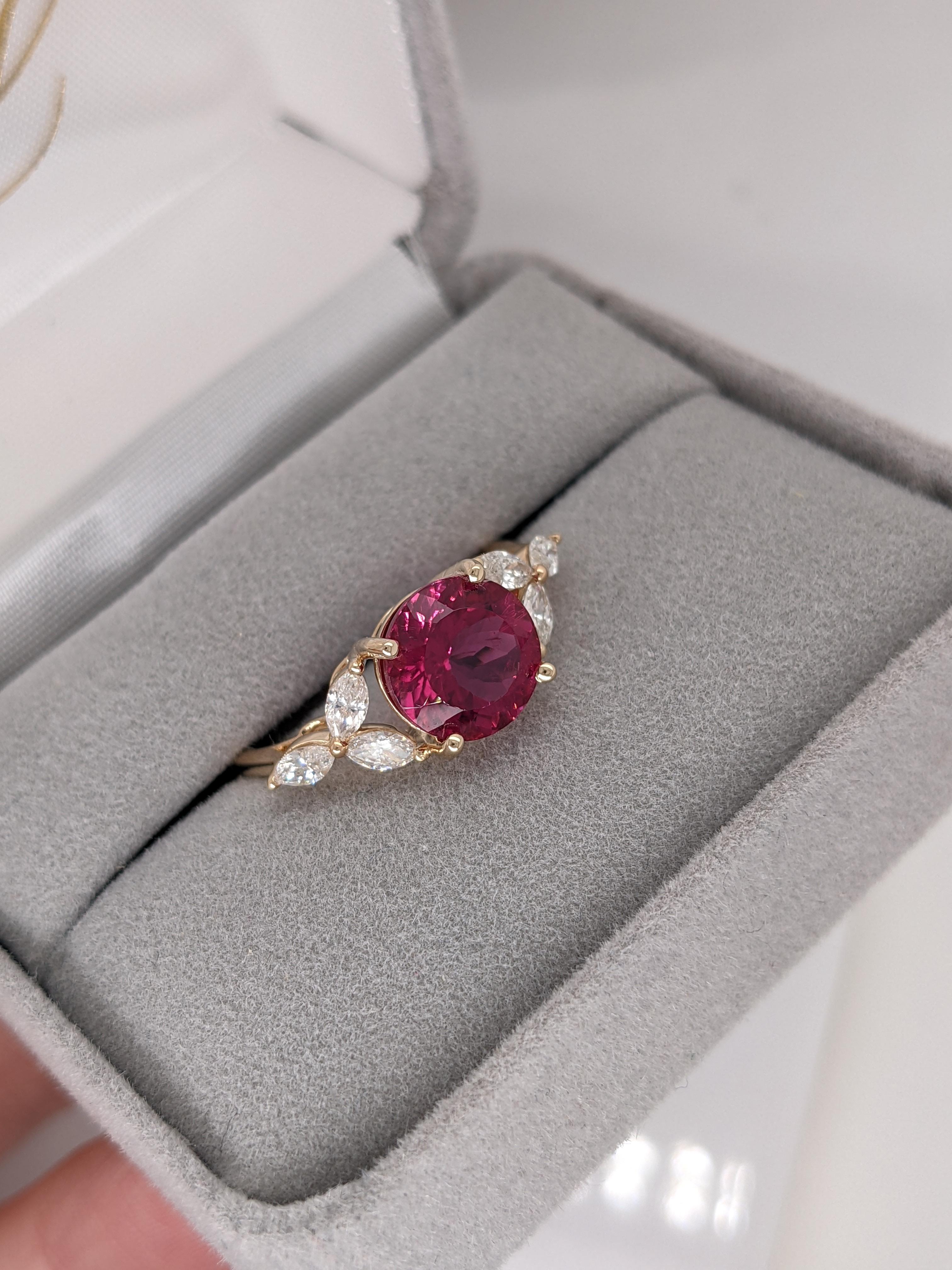 2.25 carat Rubellite Tourmaline in 14k Yellow Gold w Diamond Accents Round 8mm For Sale 1