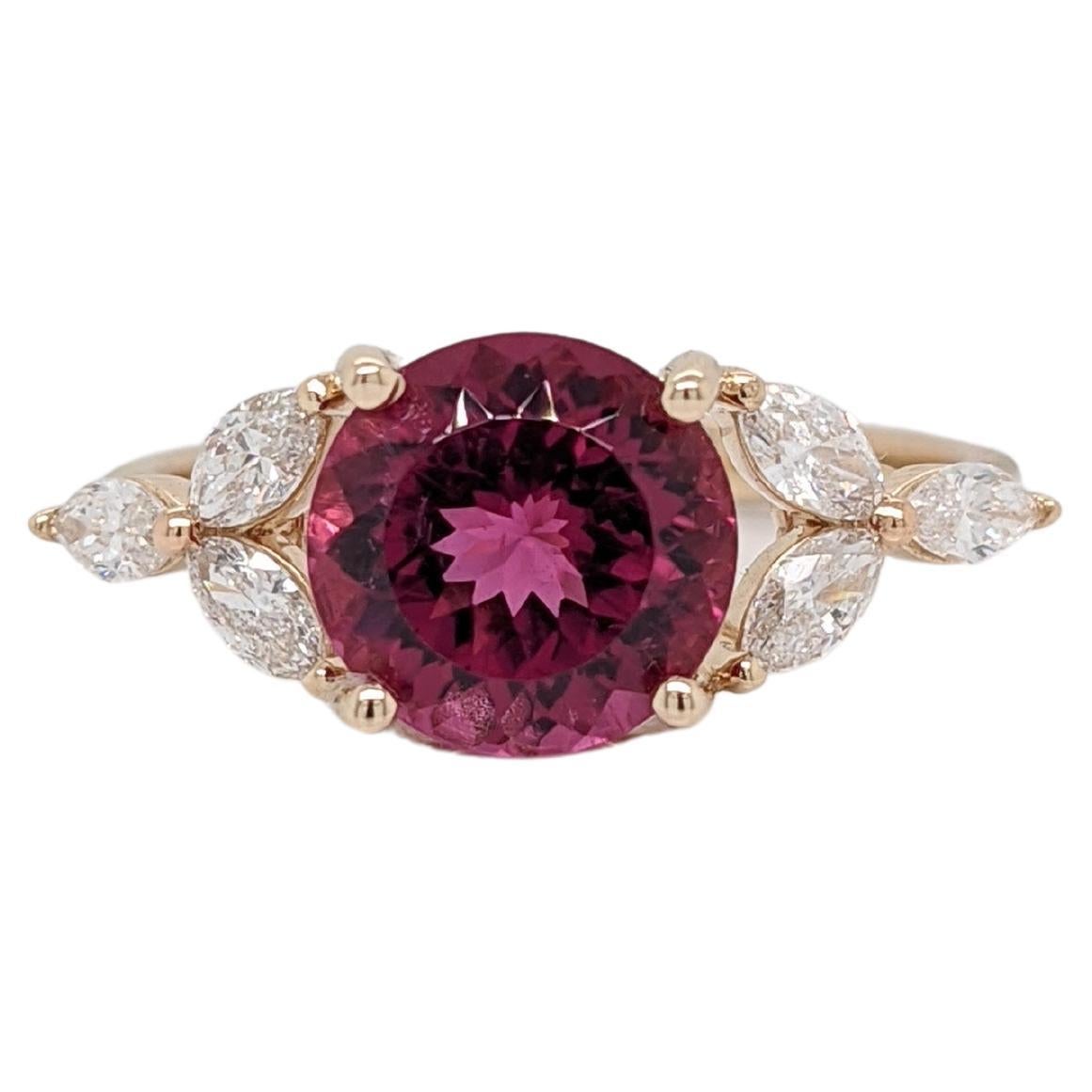 2.25 carat Rubellite Tourmaline in 14k Yellow Gold w Diamond Accents Round 8mm For Sale