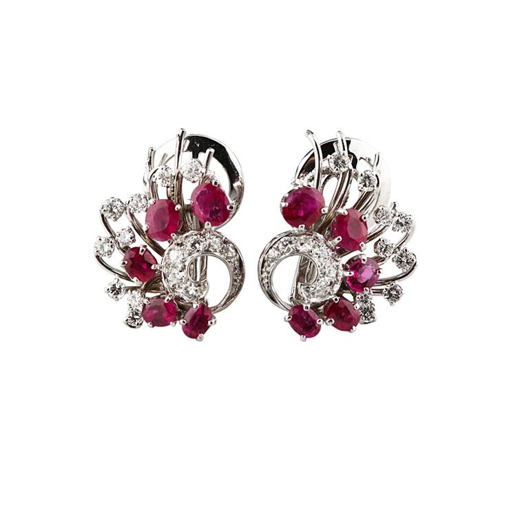 Modern 2.25 Carat Ruby and Diamond Ornate Clip-On Earrings in White Gold For Sale