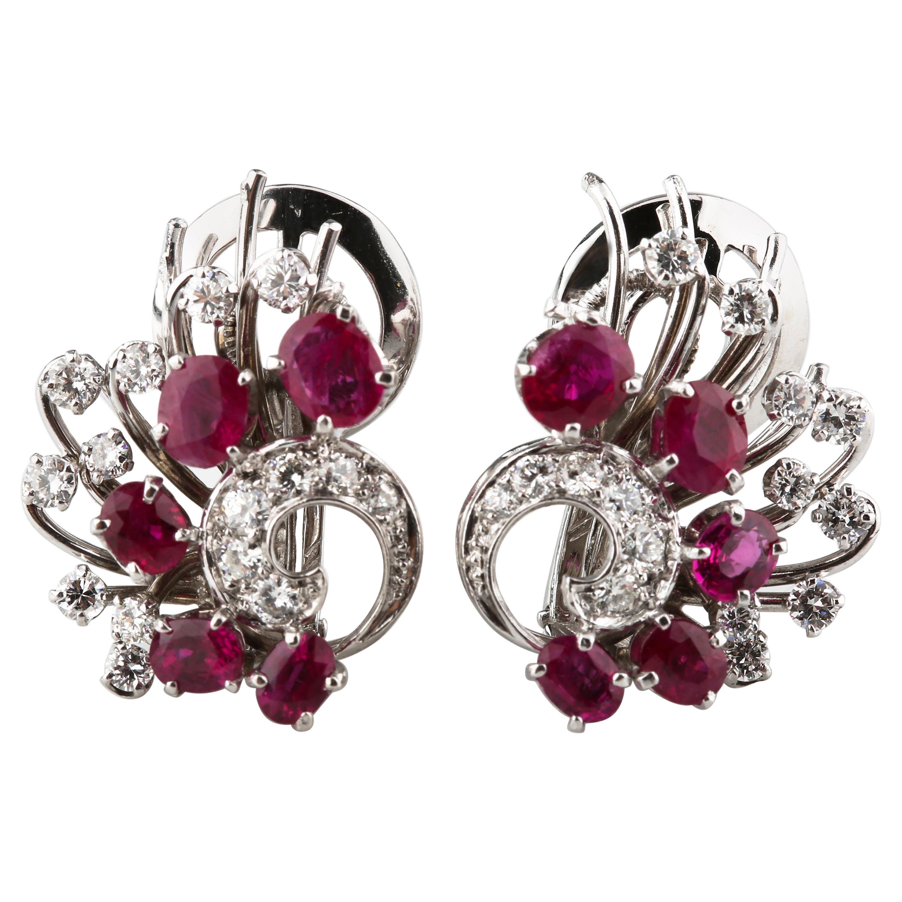 2.25 Carat Ruby and Diamond Ornate Clip-On Earrings in White Gold