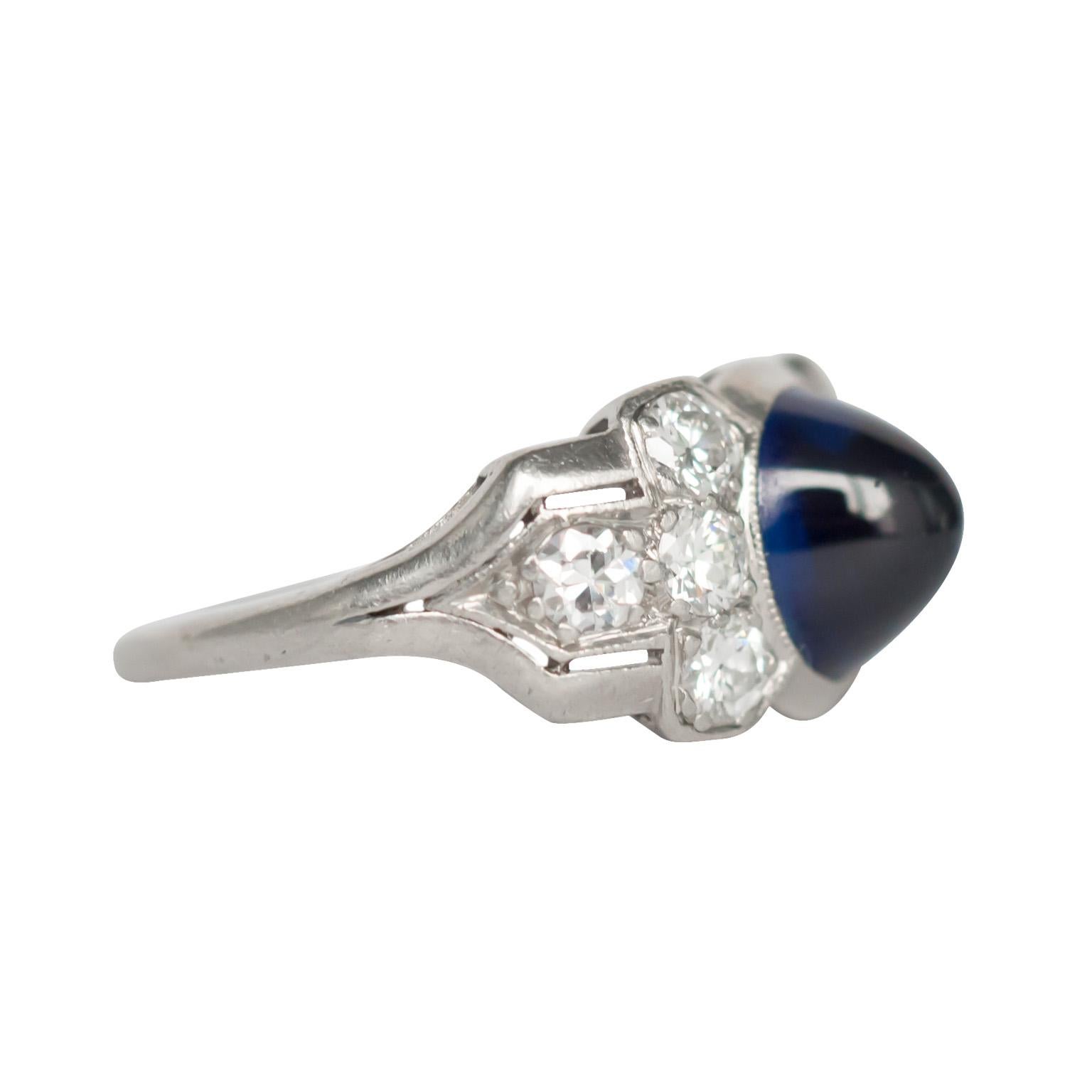 Ring Size: 4
Metal Type: [900 Platinum] [Tested & Hallmark]
Weight: 3.9 grams

Center Sapphire Details
GIA Center - Report # 6207471431
Shape: Sugarloaf Cabachon
Carat Weight: 2.25 carat 
Color: Blue
Clarity: VS

Side Stone Details: 
Shape: Old