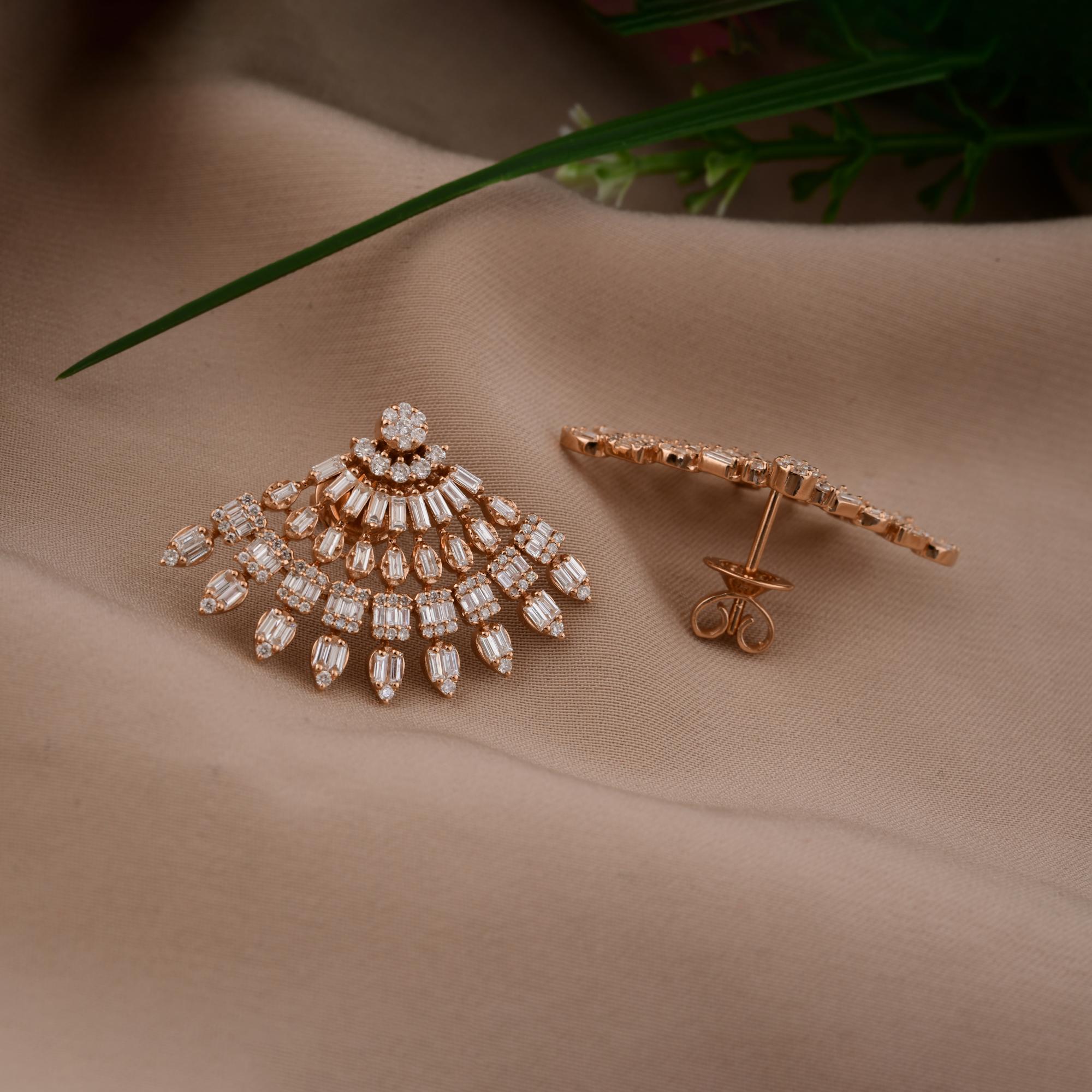Baguette Cut 2.25 Carat SI Clarity HI Color Baguette Diamond Fine Earrings 14 Karat Rose Gold For Sale