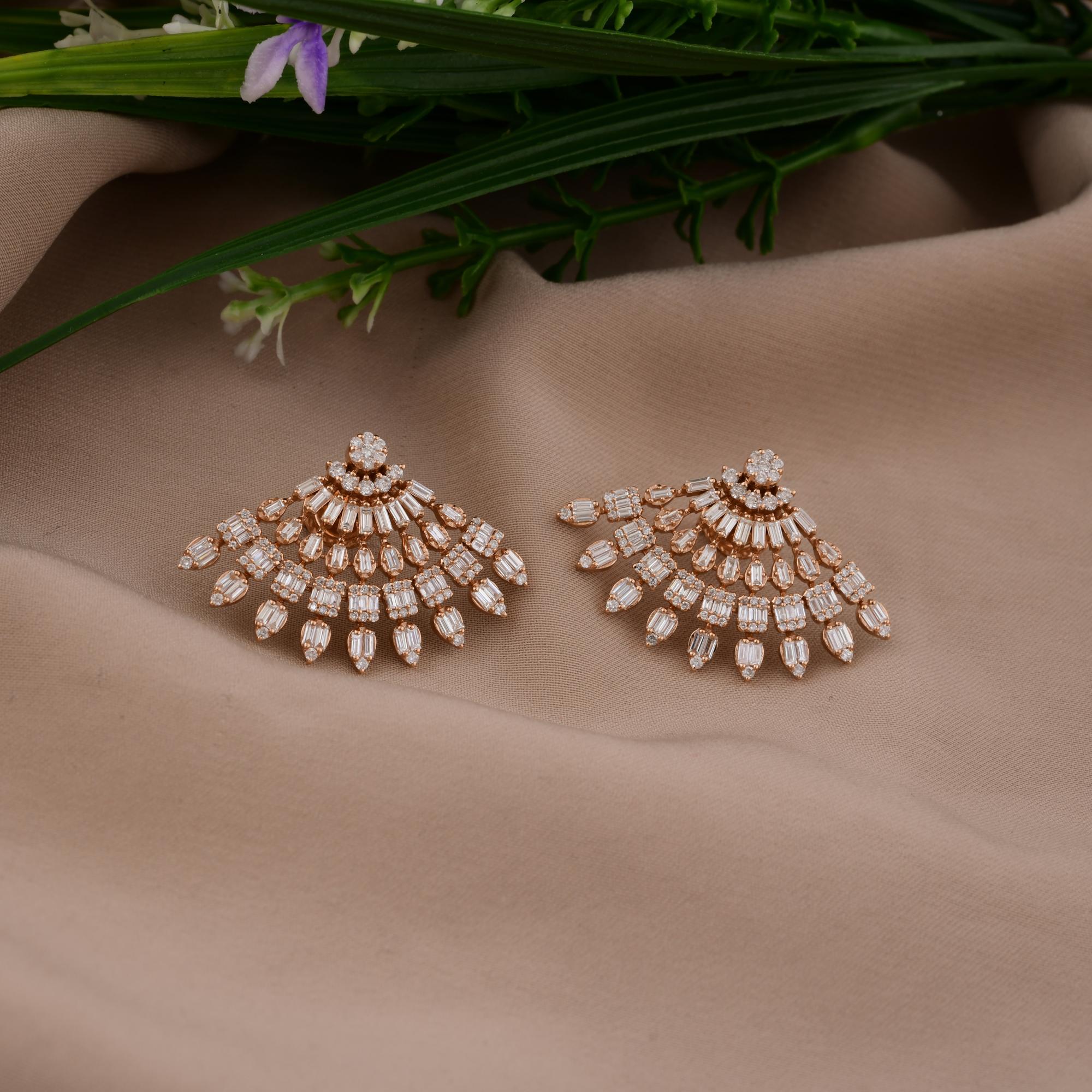 Baguette Cut 2.25 Carat SI Clarity HI Color Baguette Diamond Fine Earrings 18 Karat Rose Gold For Sale