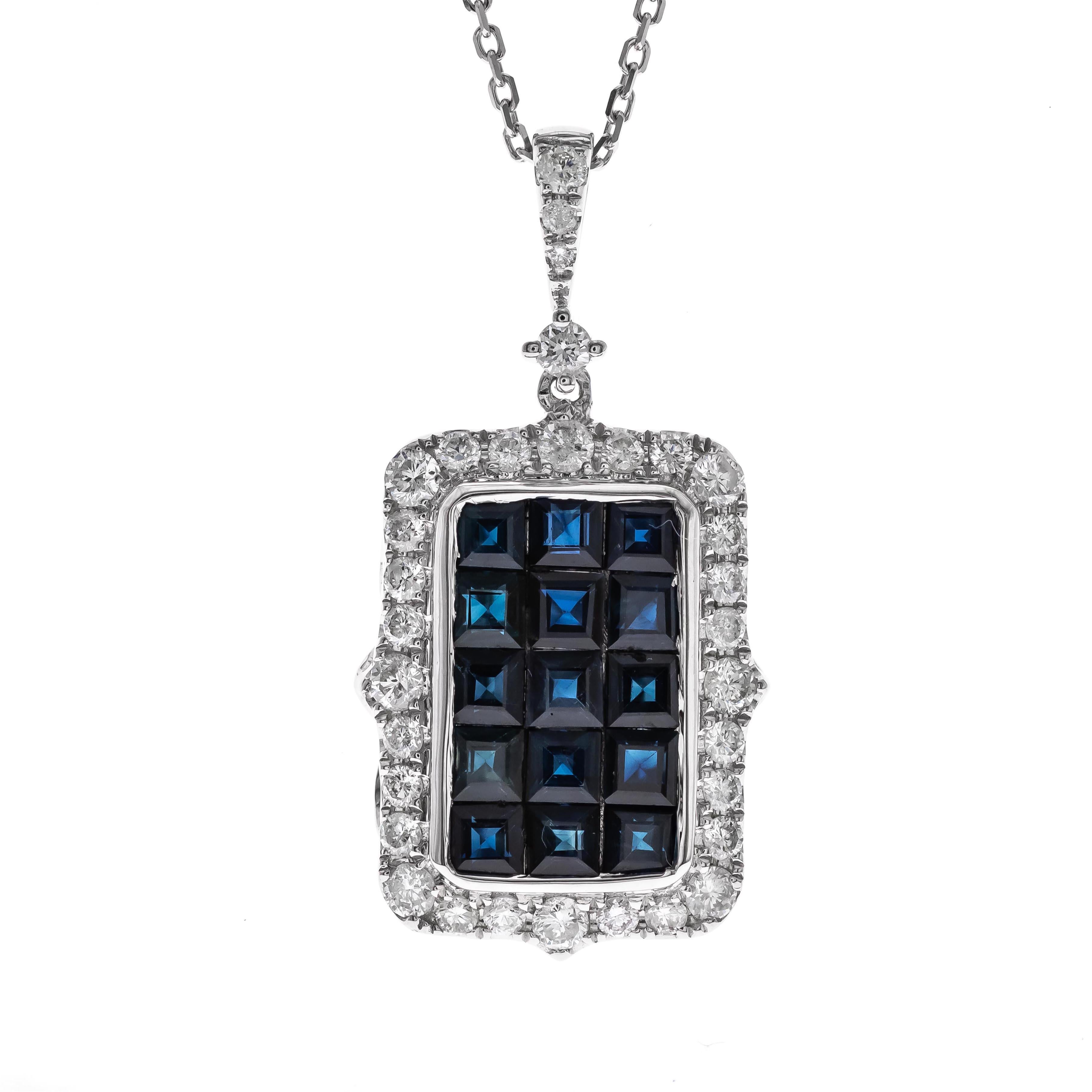 Art Deco 2.25 Carat Square-Cut Blue Sapphire Diamond Accents 14K White Gold Pendant For Sale