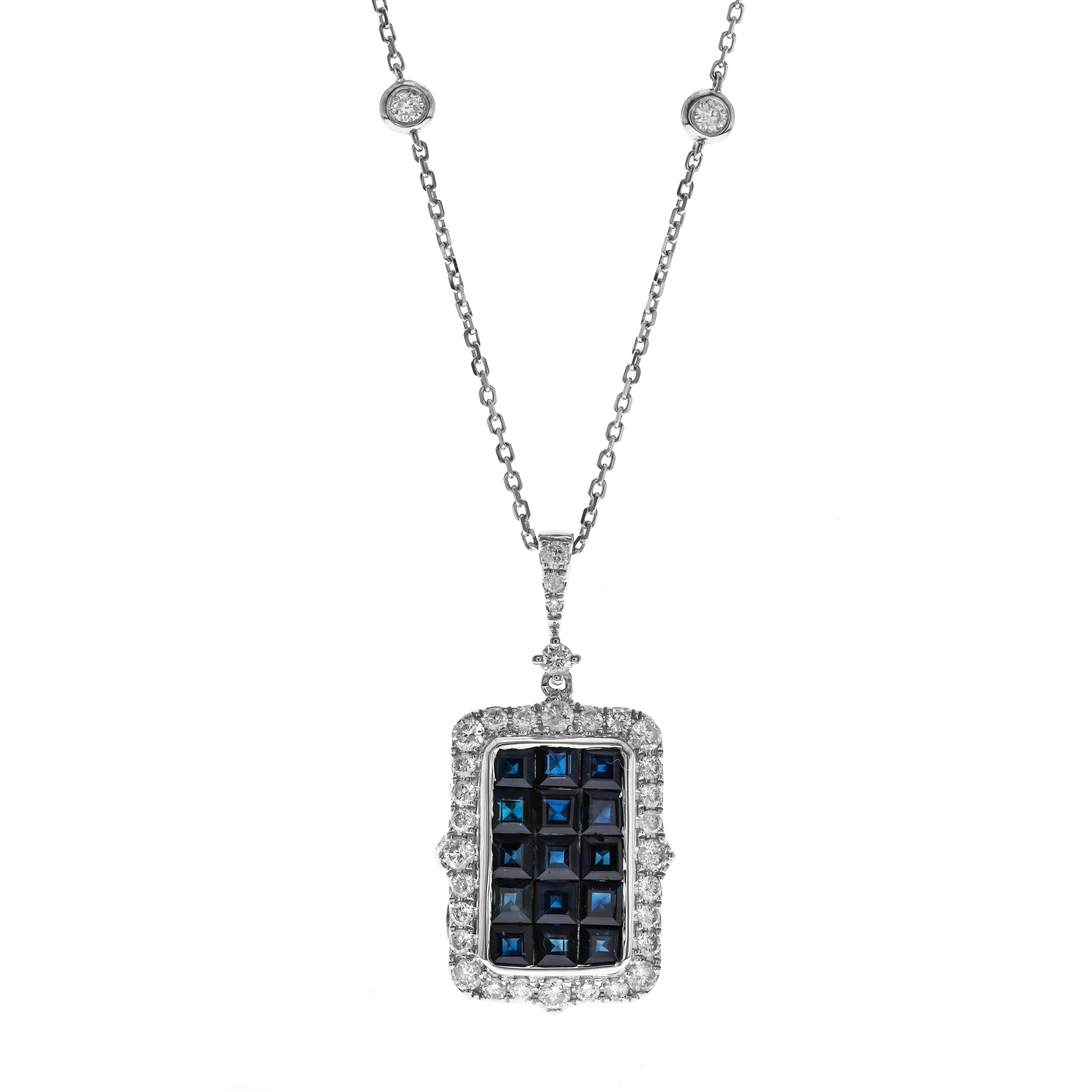 Princess Cut 2.25 Carat Square-Cut Blue Sapphire Diamond Accents 14K White Gold Pendant For Sale