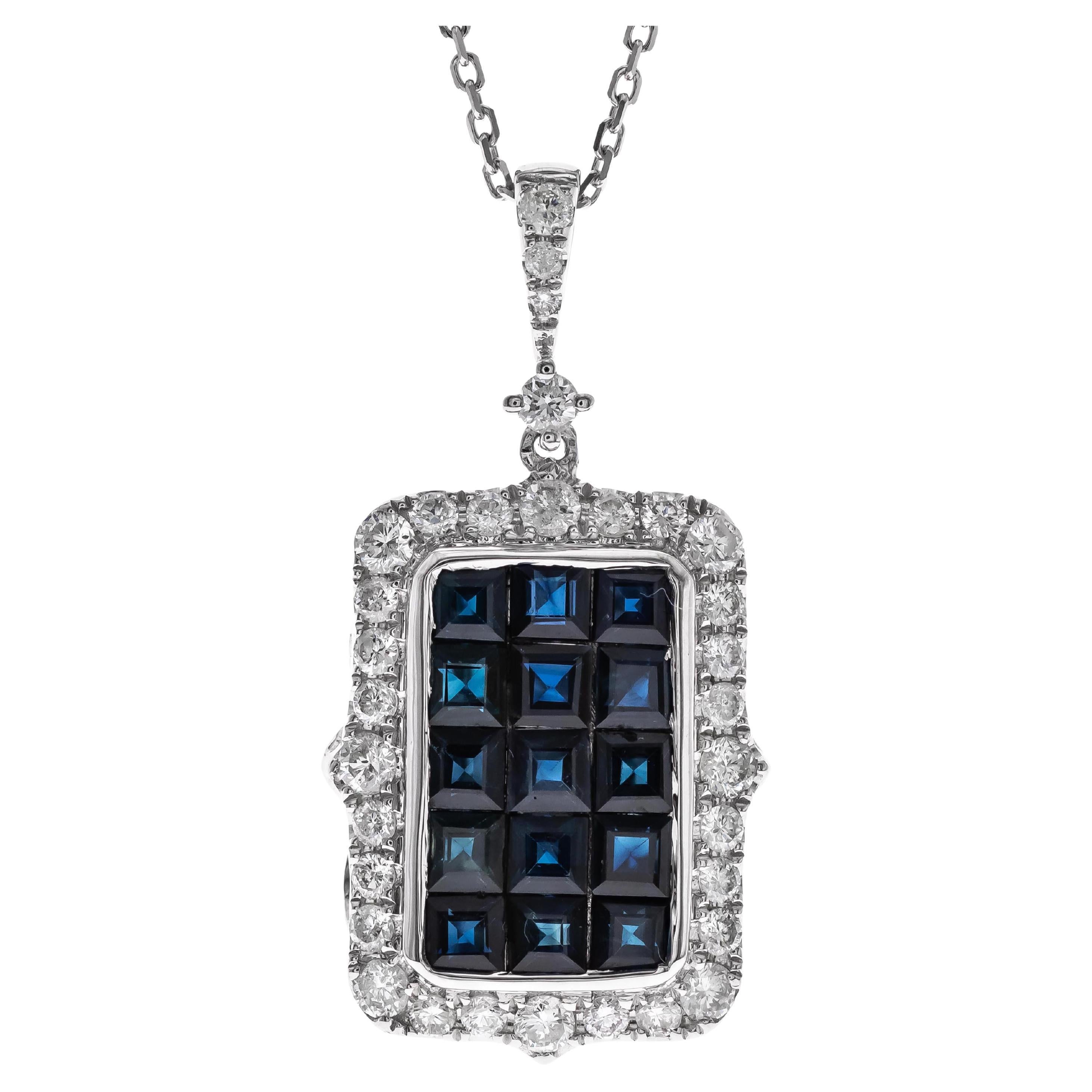 2.25 Carat Square-Cut Blue Sapphire Diamond Accents 14K White Gold Pendant