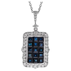 Vintage 2.25 Carat Square-Cut Blue Sapphire Diamond Accents 14K White Gold Pendant