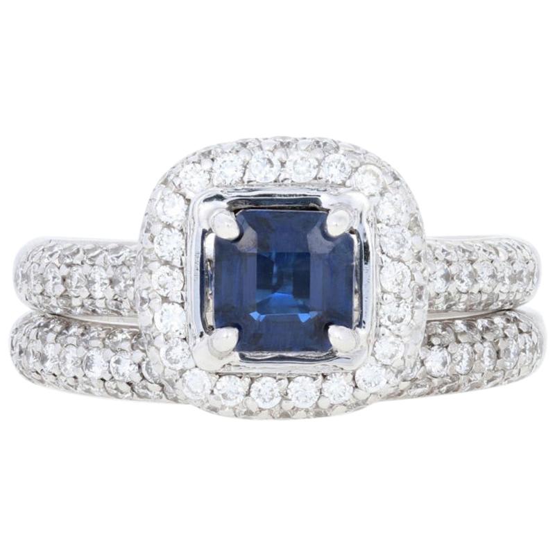 2.25 Carat Square Sapphire and Diamond Ring and Wedding Band 14 Karat Gold Halo