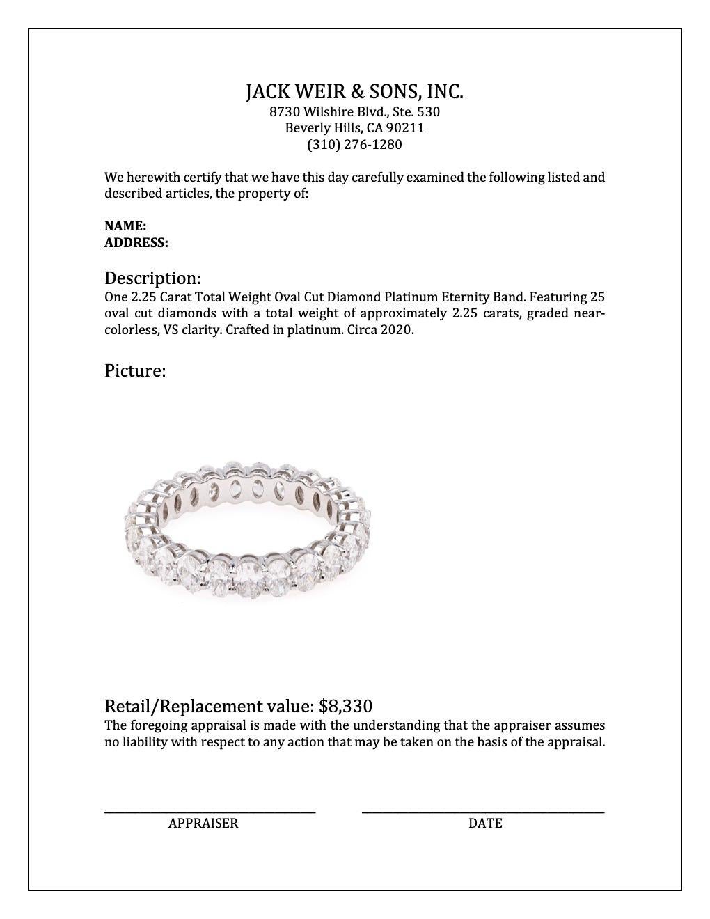 2.25 Carat Total Weight Oval Cut Diamond Platinum Eternity Band For Sale 3