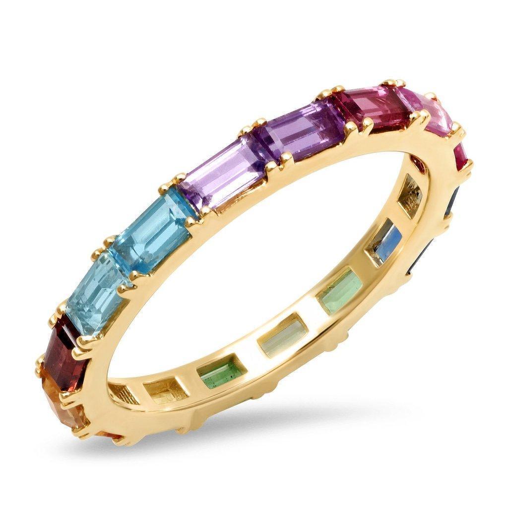 14K Gold Rainbow Baguette Ring with Amethysts and Emeralds , Sapphires 

Can be sized to any finger size, this ring will be made to order and take approximately 1-3 weeks from customers final design approval. If you need a sooner date let us know