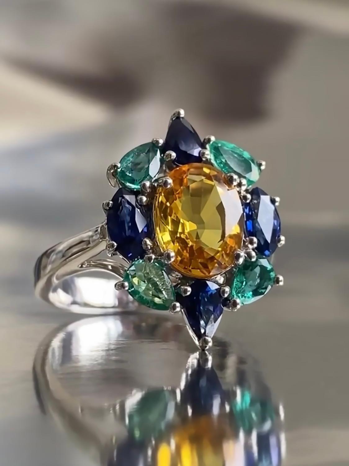 Mixed Cut 2.25 Carat Yellow Sapphire with Blue Sapphire and Emerald Ballerina Ring For Sale