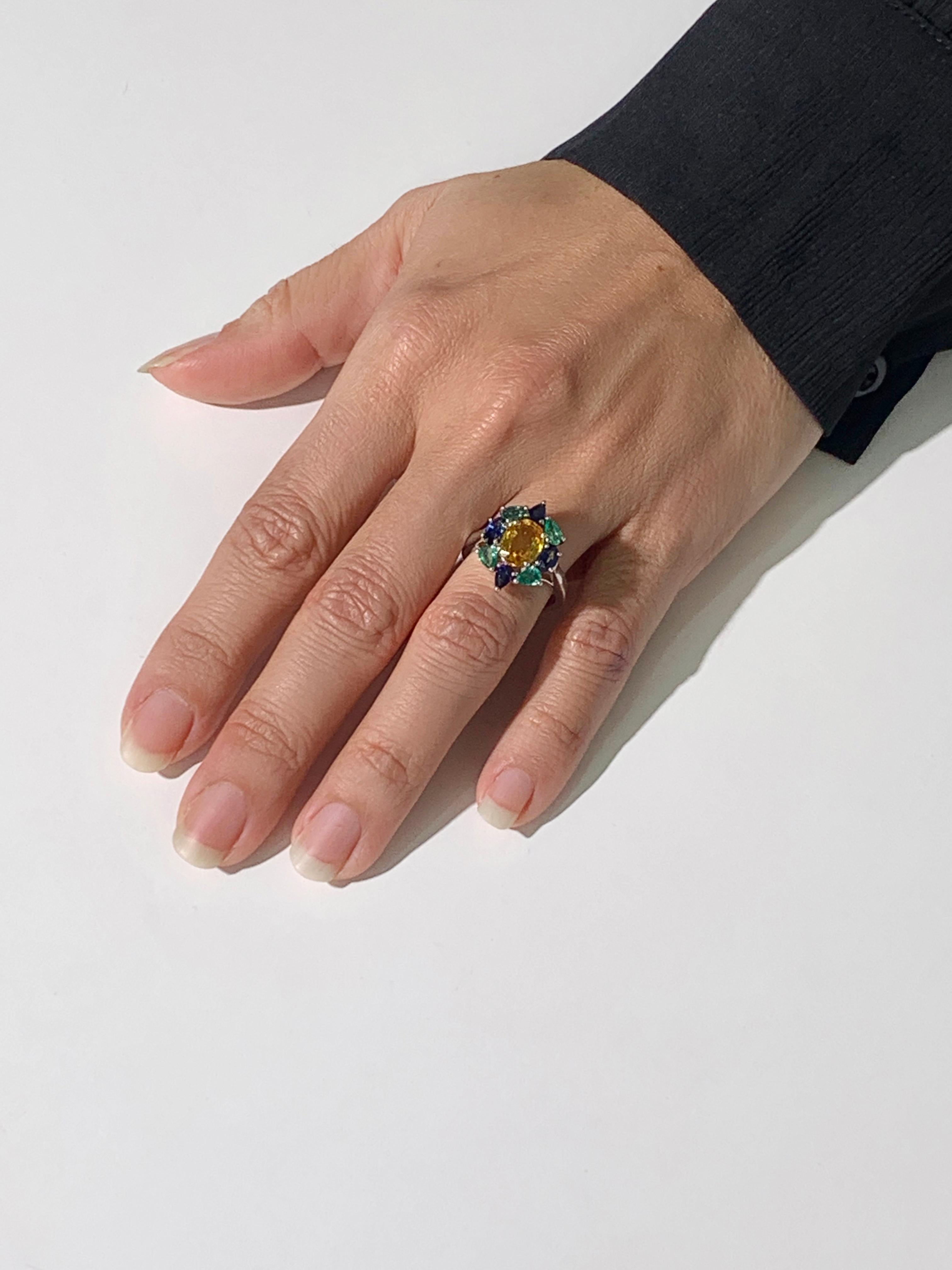Women's 2.25 Carat Yellow Sapphire with Blue Sapphire and Emerald Ballerina Ring For Sale