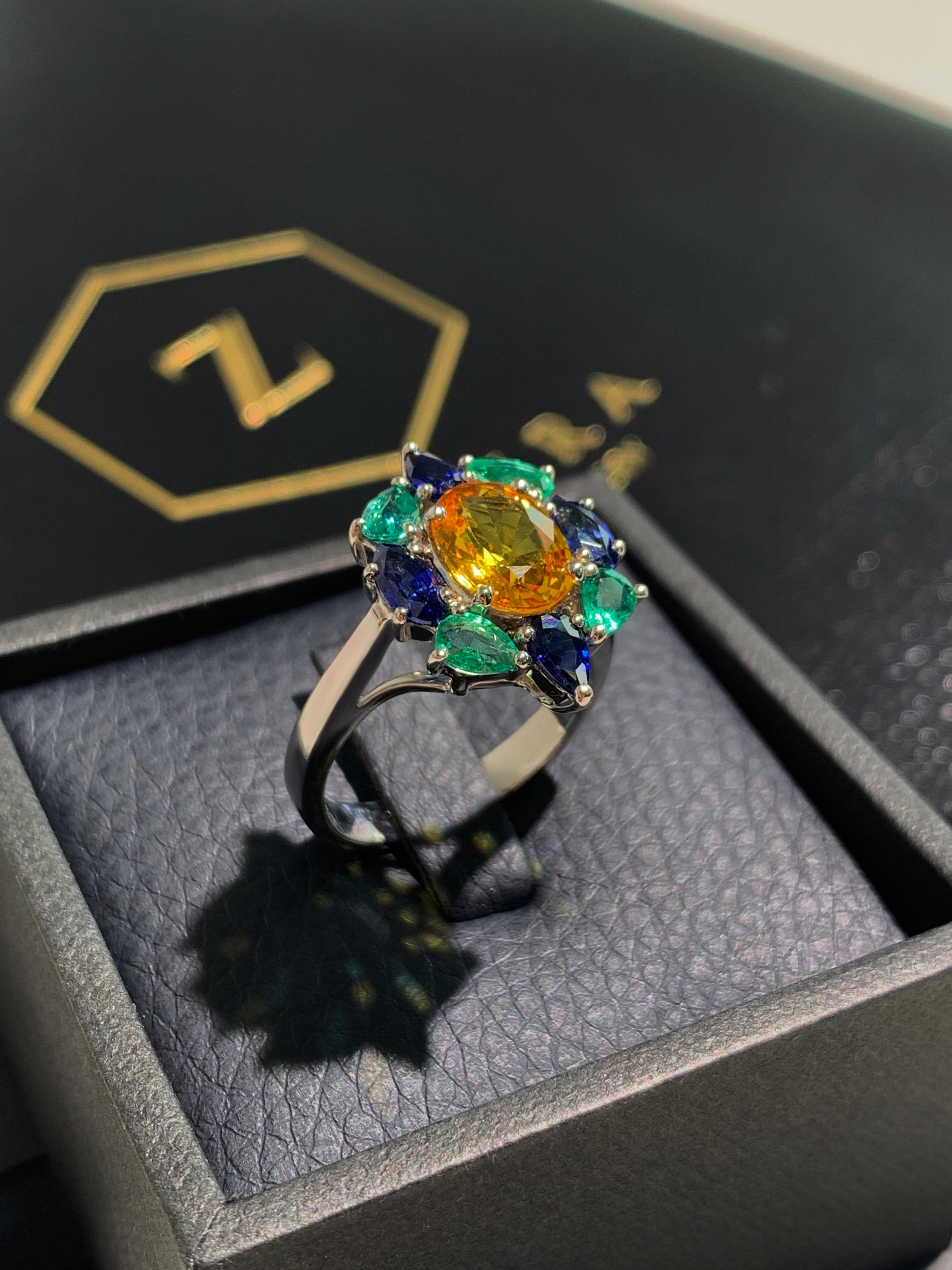 2.25 Carat Yellow Sapphire with Blue Sapphire and Emerald Ballerina Ring For Sale 1