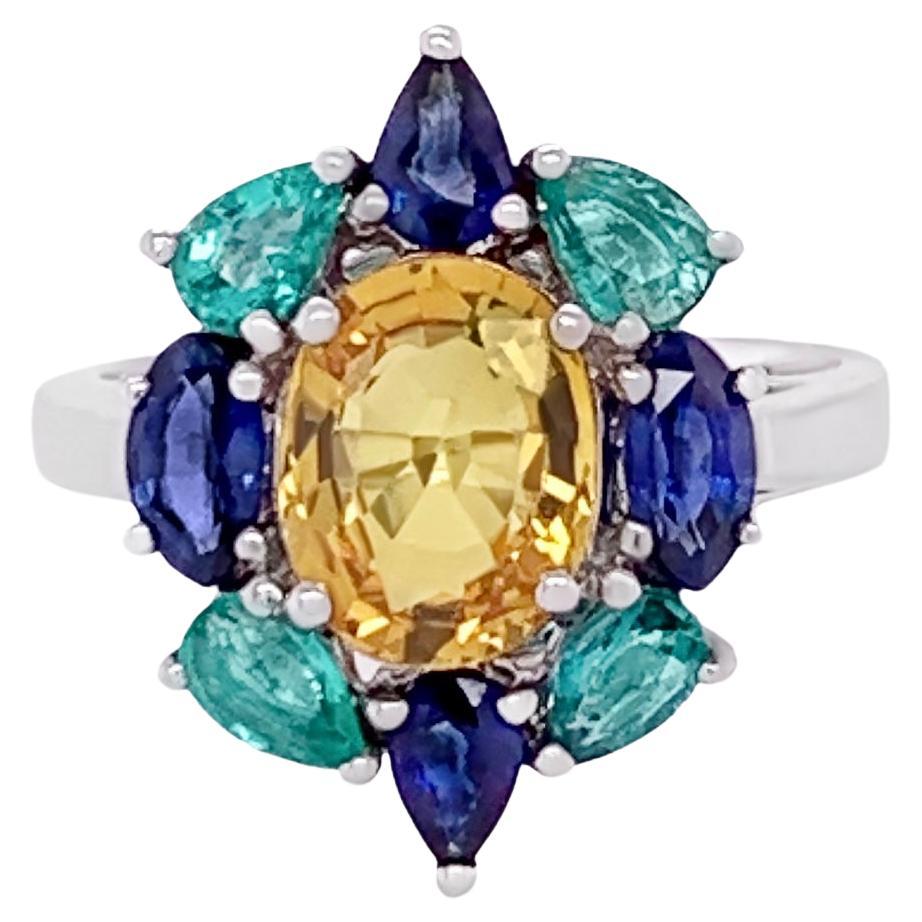 2.25 Carat Yellow Sapphire with Blue Sapphire and Emerald Ballerina Ring For Sale