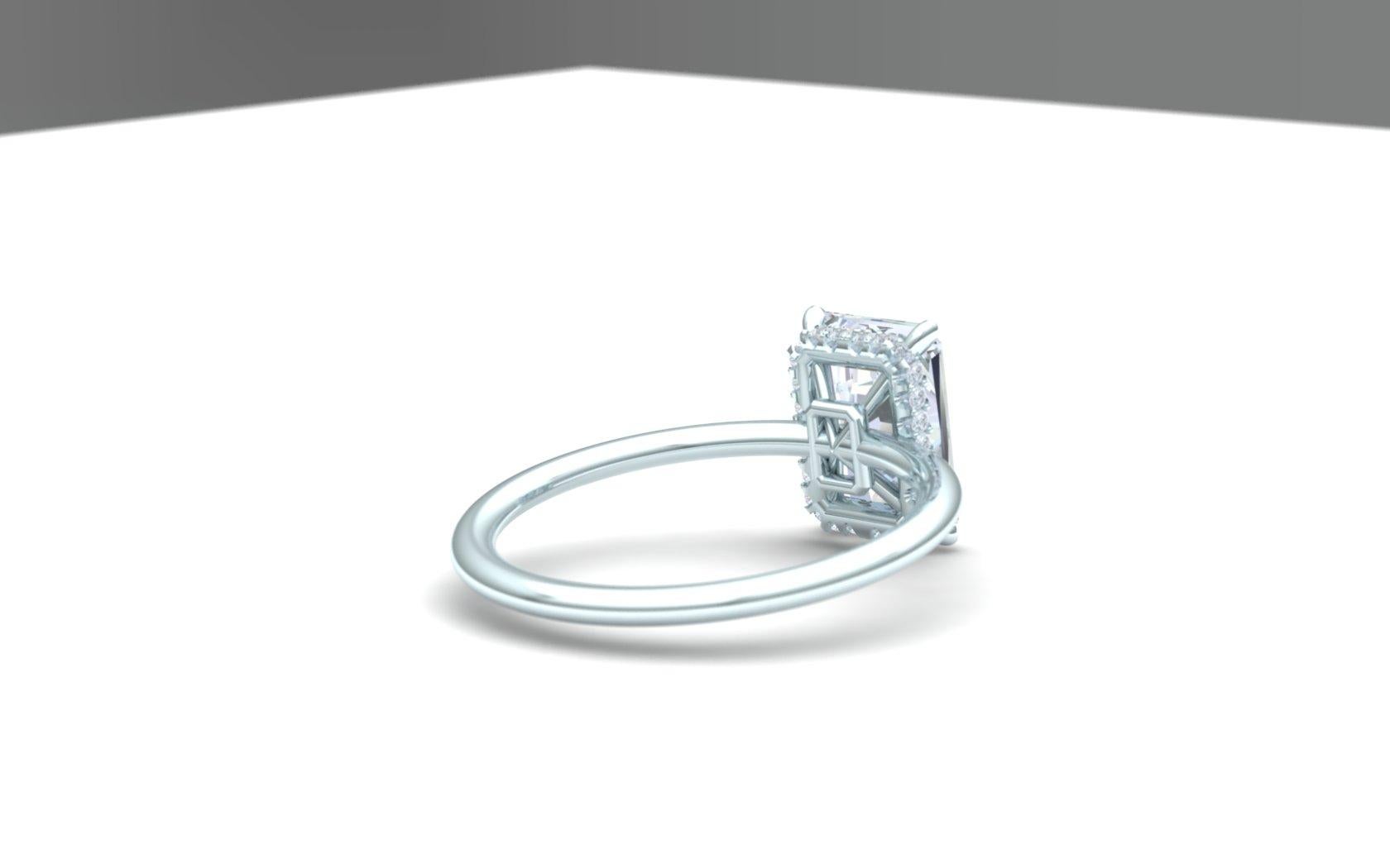 This GIA Certified Radiant Cut Diamond is set in a classic and clean platinum setting. The center stone is 2 carats and has a color and clarity of F-VS2. The diamond is set in a platinum four prong head and has a hidden halo below the center stone