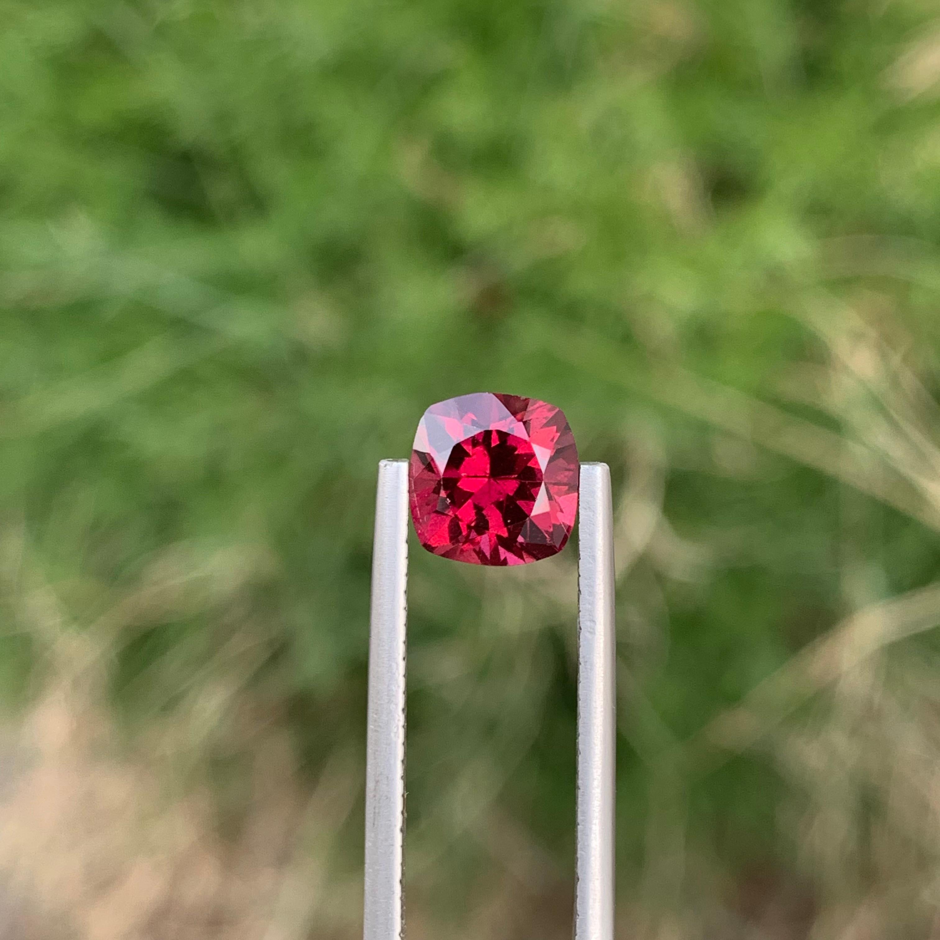 Faceted Rhodolite Garnet
Weight: 2.25 Carats 
Dimension: 7.6x7.4x5.1 Mm
Origin: Madagascar Africa 
Color: Red
Shape: Cushion
Certificate: On Customer Demand 
.
Rhodolite garnet, a striking gemstone that combines shades of pink and violet, is