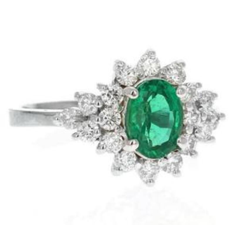 2.25 Carats Natural Emerald and Diamond 14K Solid White Gold Ring

Total Natural Green Emerald Weight is: Approx. 1.50 Carats (transparent)

Emerald Measures: 9 x 7mm

Natural Round Diamonds Weight: Approx. 0.75 Carats (color G-H / Clarity