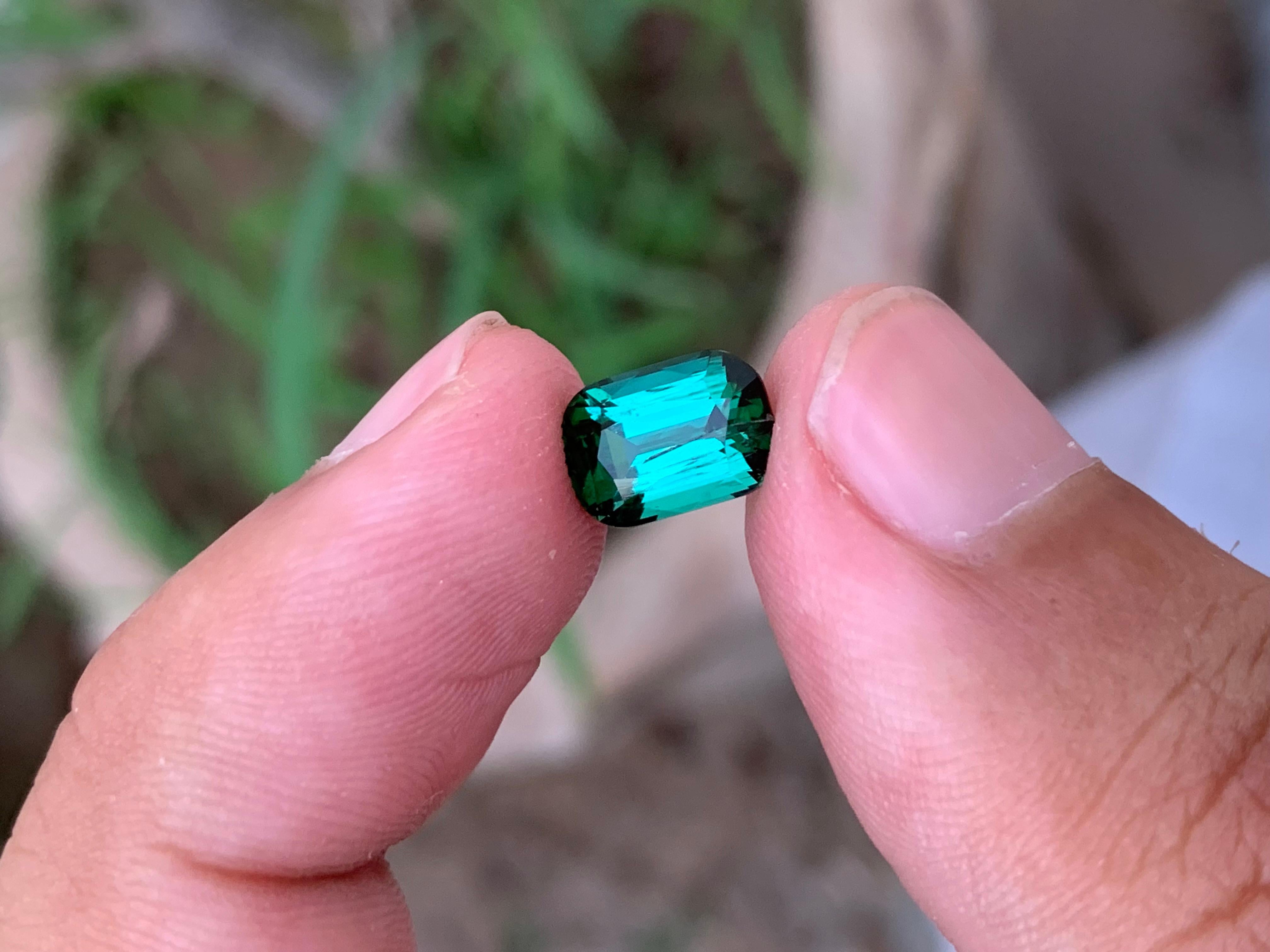 Loose Tourmaline 
Weight: 2.25 Carats 
Dimension: 8.9x6.3x5.1 Mm
Origin: Kunar Afghanistan
Shape: Cushion
Color: Green With Blue Shade
Treatment: Non
Clarity: Small Include 
Treatment: Non
Certificate: On Customer Demand 
Afghanistan has long been