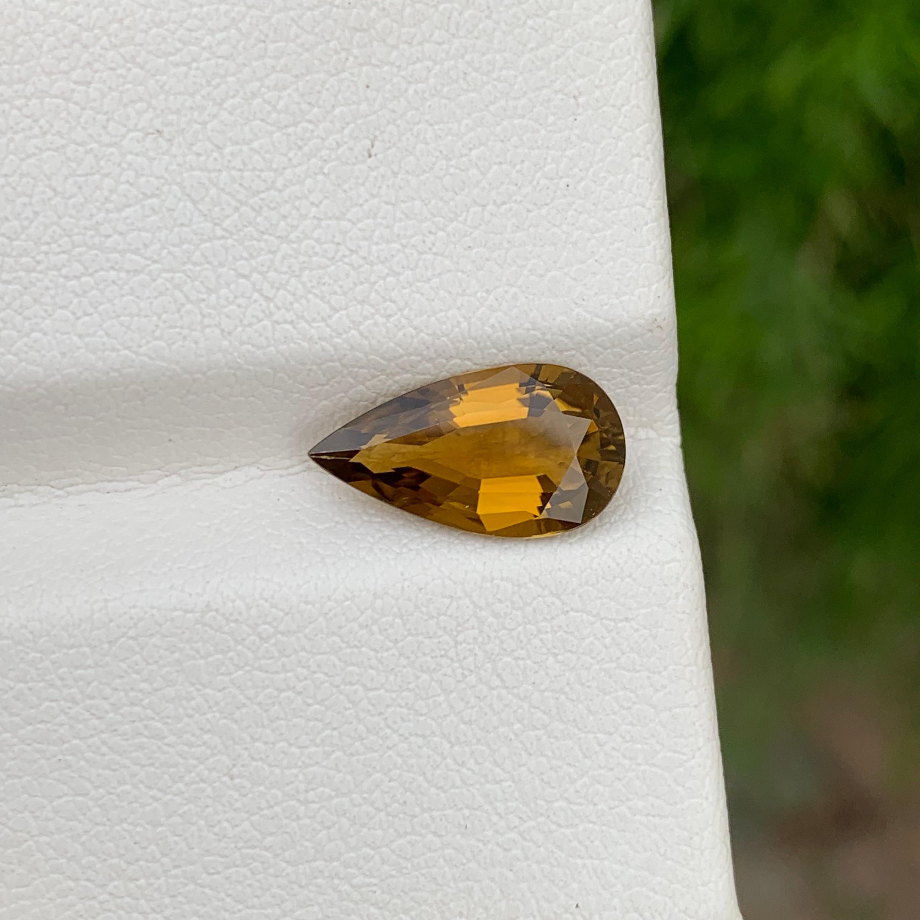 Loose Tourmaline 
Weight: 2.25 Carats 
Dimension: 13x7.14 Mm
Origin: Africa 
Color; Yellow  Brown 
Shape: Tear / Pear 
Treatment: Non
Certificate: On Customer Demand 
Tourmalines found in the Democratic Republic of the Congo (DRC) offer a