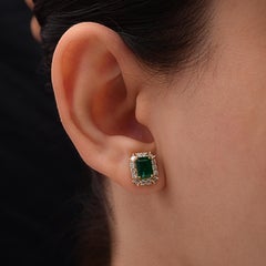 2.25 Ct Emerald Halo Natural 0.65 Ct Diamond Stud Earrings 18K Solid Yellow Gold