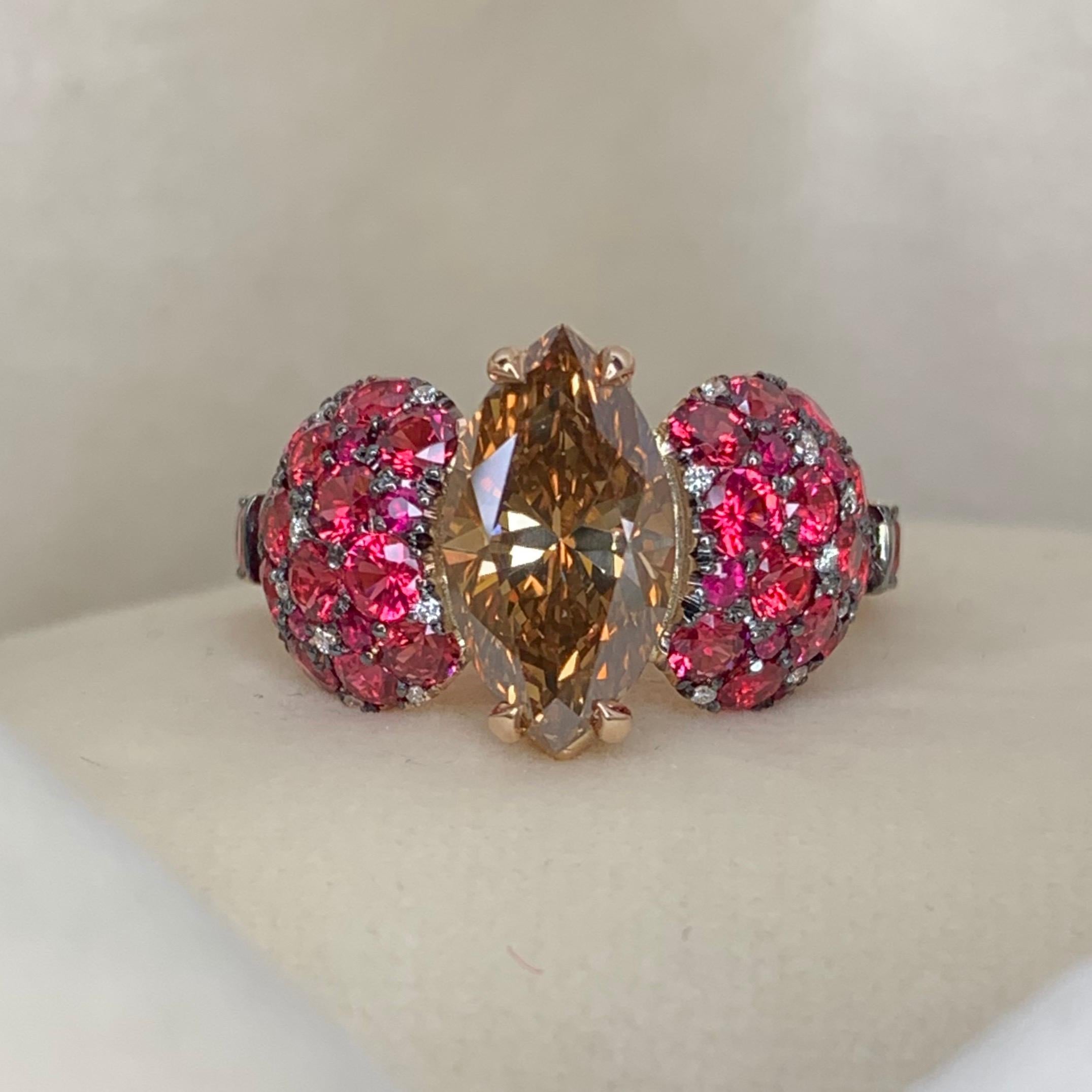 Women's 2.25 Ct GIA Certified Fancy Orange Brown Diamond, Unheated Burmese Spinel Ring