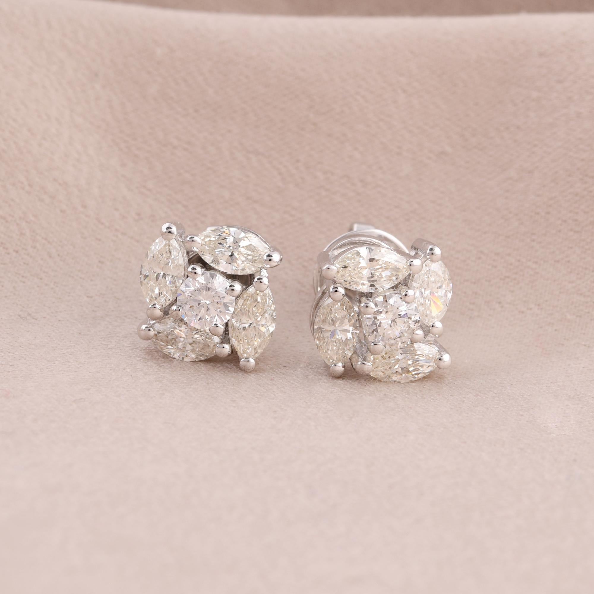 Marquise Cut 2.25 Ct Marquise Round Diamond Stud Earrings 18 Karat White Gold Fine Jewelry For Sale