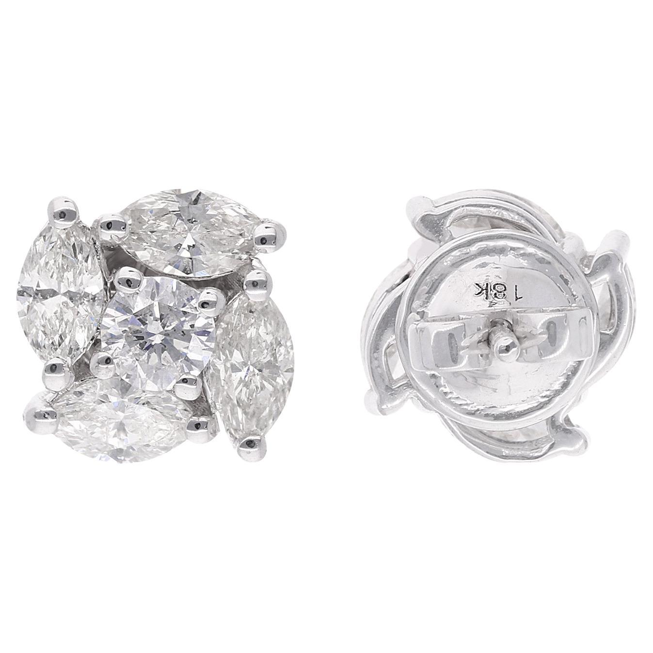 2.25 Ct Marquise Round Diamond Stud Earrings 18 Karat White Gold Fine Jewelry For Sale