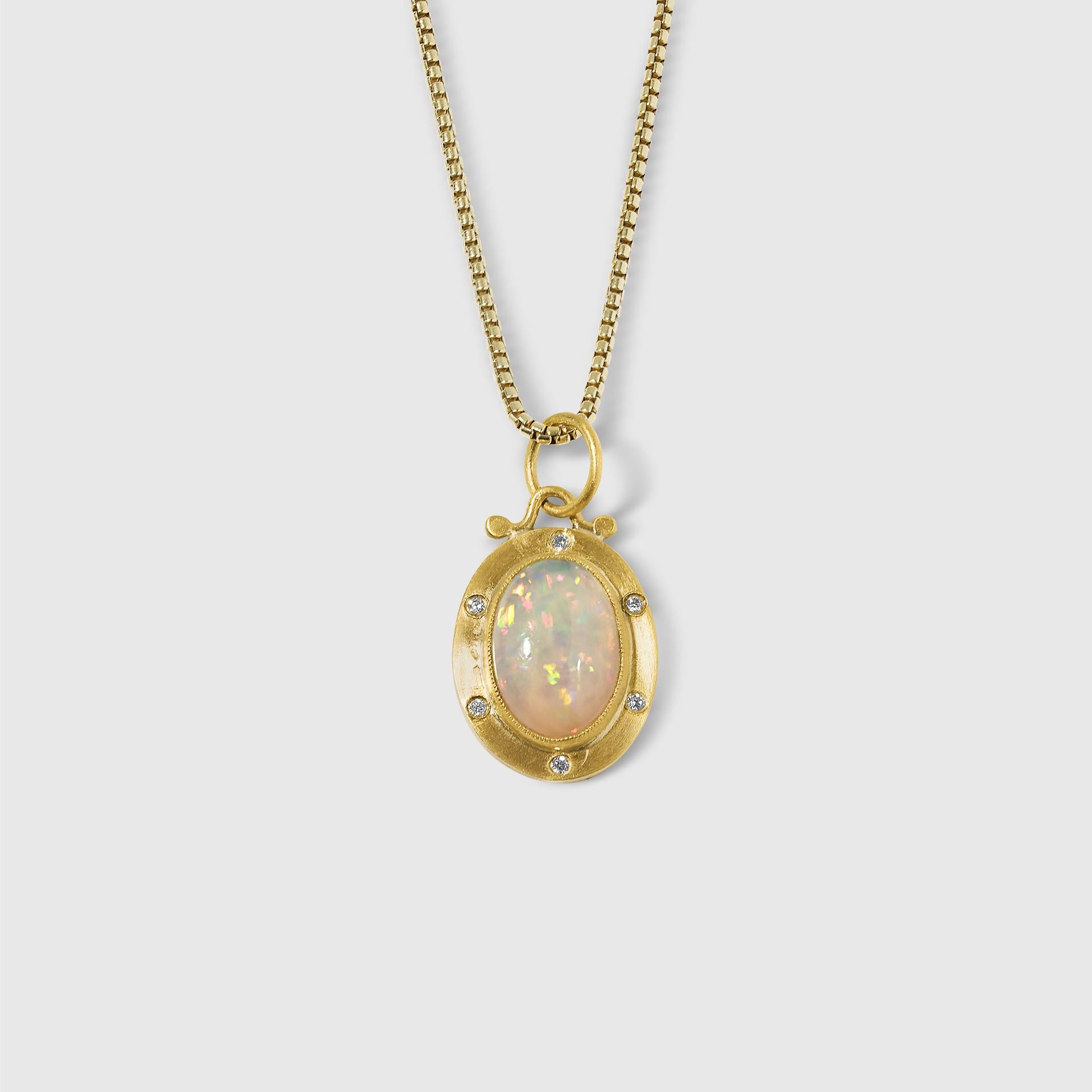 Contemporary 2.25 Ct Oval Opal Charm Pendant Necklace with Diamonds, 24kt Gold and Silver For Sale