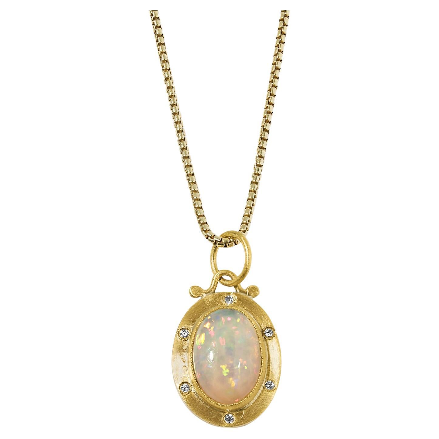 2.25 Ct Oval Opal Charm Pendant Necklace with Diamonds, 24kt Gold and Silver For Sale