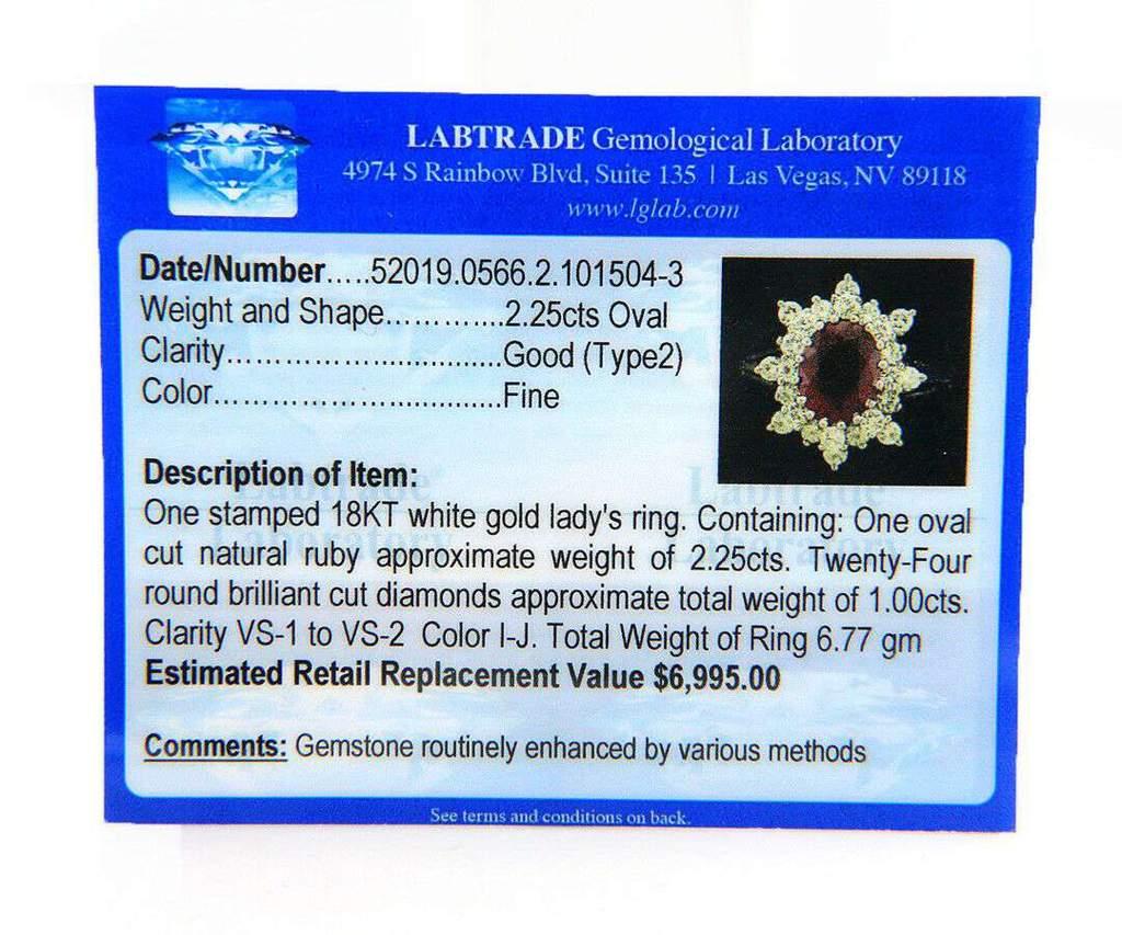 2.25 CT Ruby and 1.00 CTW Diamond Halo Starburst Frame Ring in 18kt

Ruby and Diamond Halo Starburst Frame Ring
18K White Gold
Ruby Carat Weight: 2.25 CT
Clarity: Good (Type2)
Color: Fine
Diamonds Carat Weight: Approx. 1.00 CTW
Clarity: VS1 –
