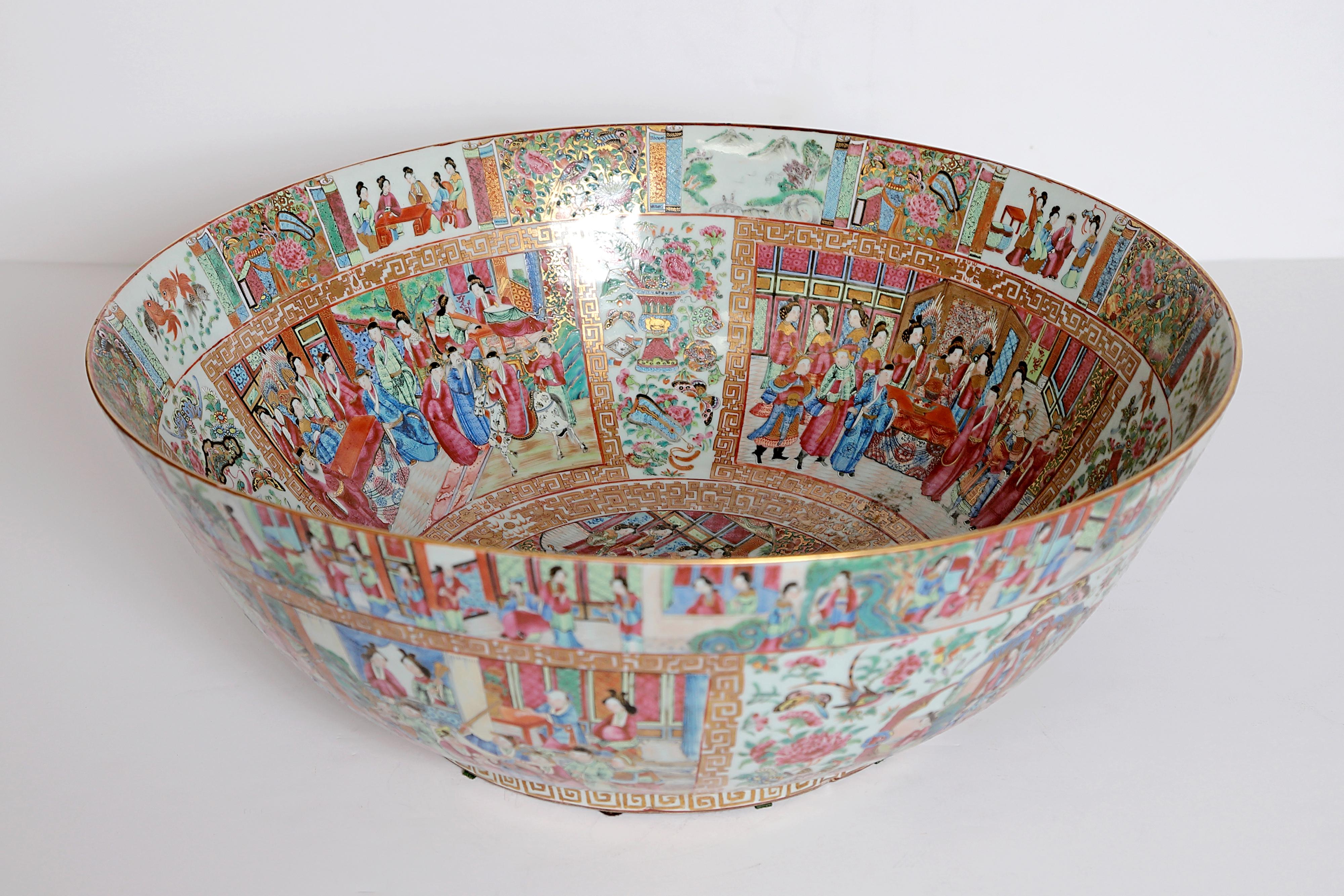 Gilt Large Scale Punch Bowl / Chinese Export Rose Medallion