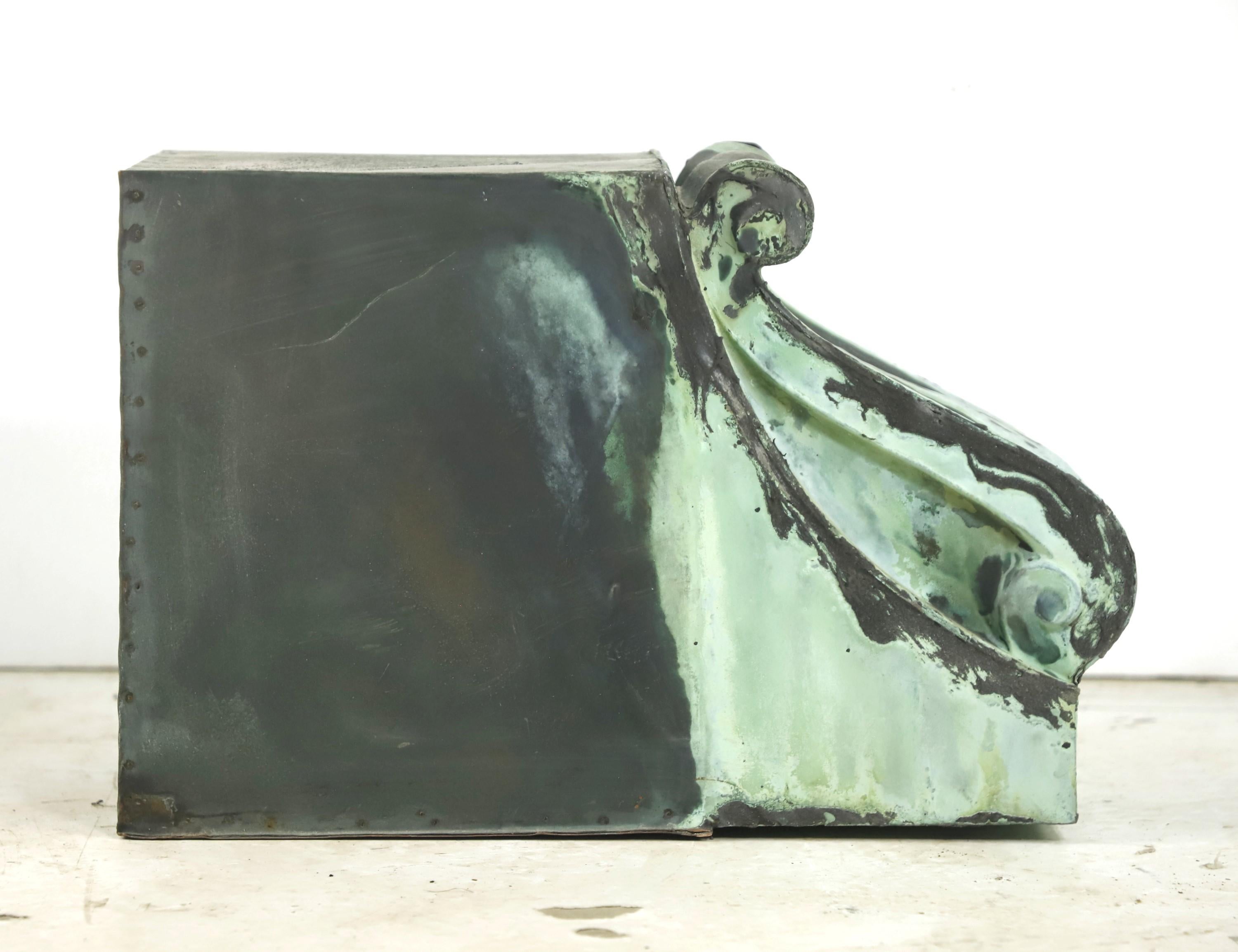 This original verdigris patina copper corbel is from a turn of the century New York City building. We installed a wood backing for ease in wall mounting. One available. Please note, this item is located in one of our NYC locations.
