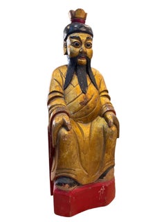 22.5" Large 19th‑Century Chinese Gilt Lacquer Wood Carved Seated God Statue