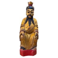 22.5" Large 19th‑Century Chinese Gilt Lacquer Wood Carved Seated God Statue