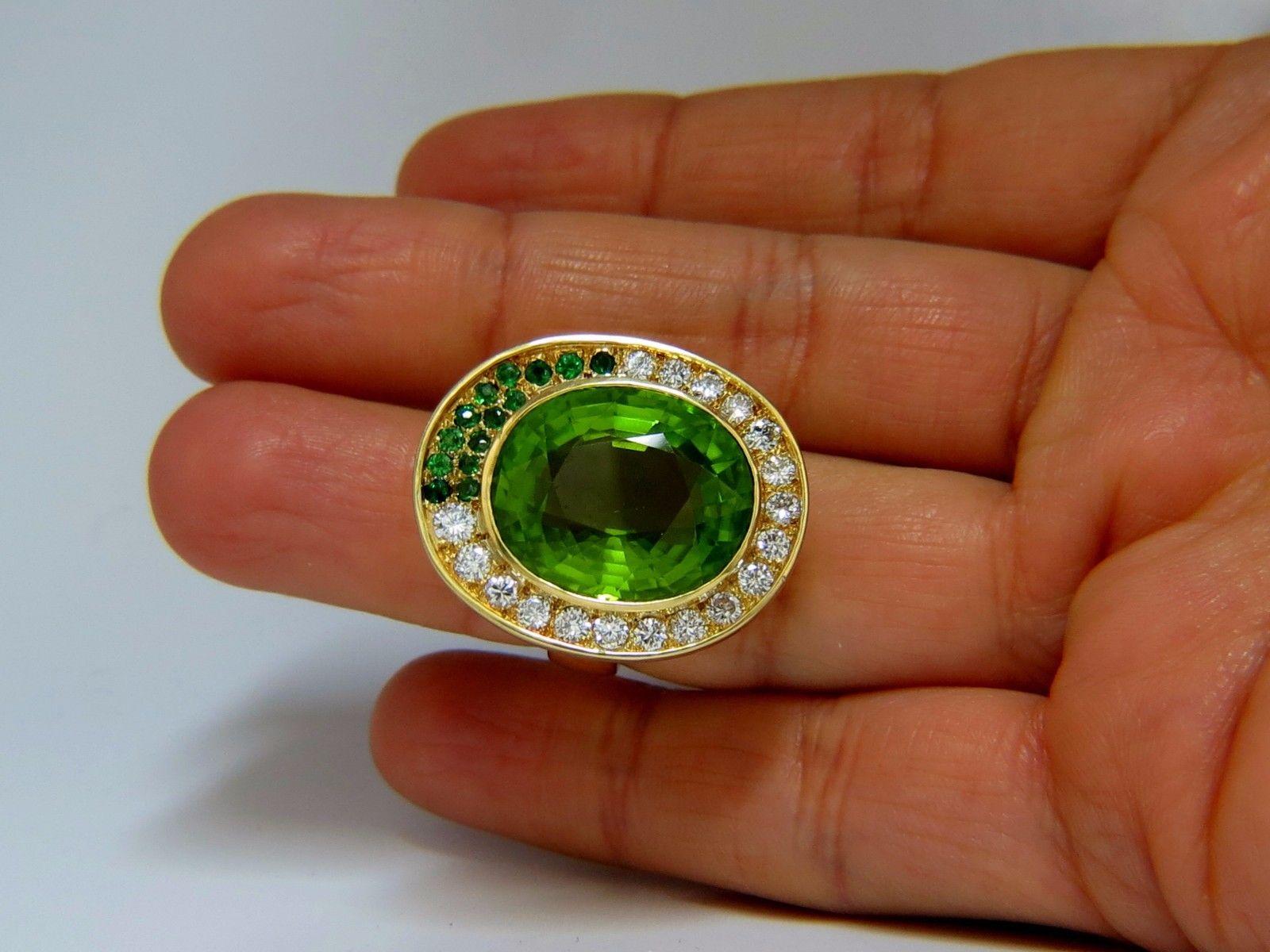 Women's or Men's 22.50 Carat Natural Green Peridot Diamond Demantoid Ring 14 Karat For Sale