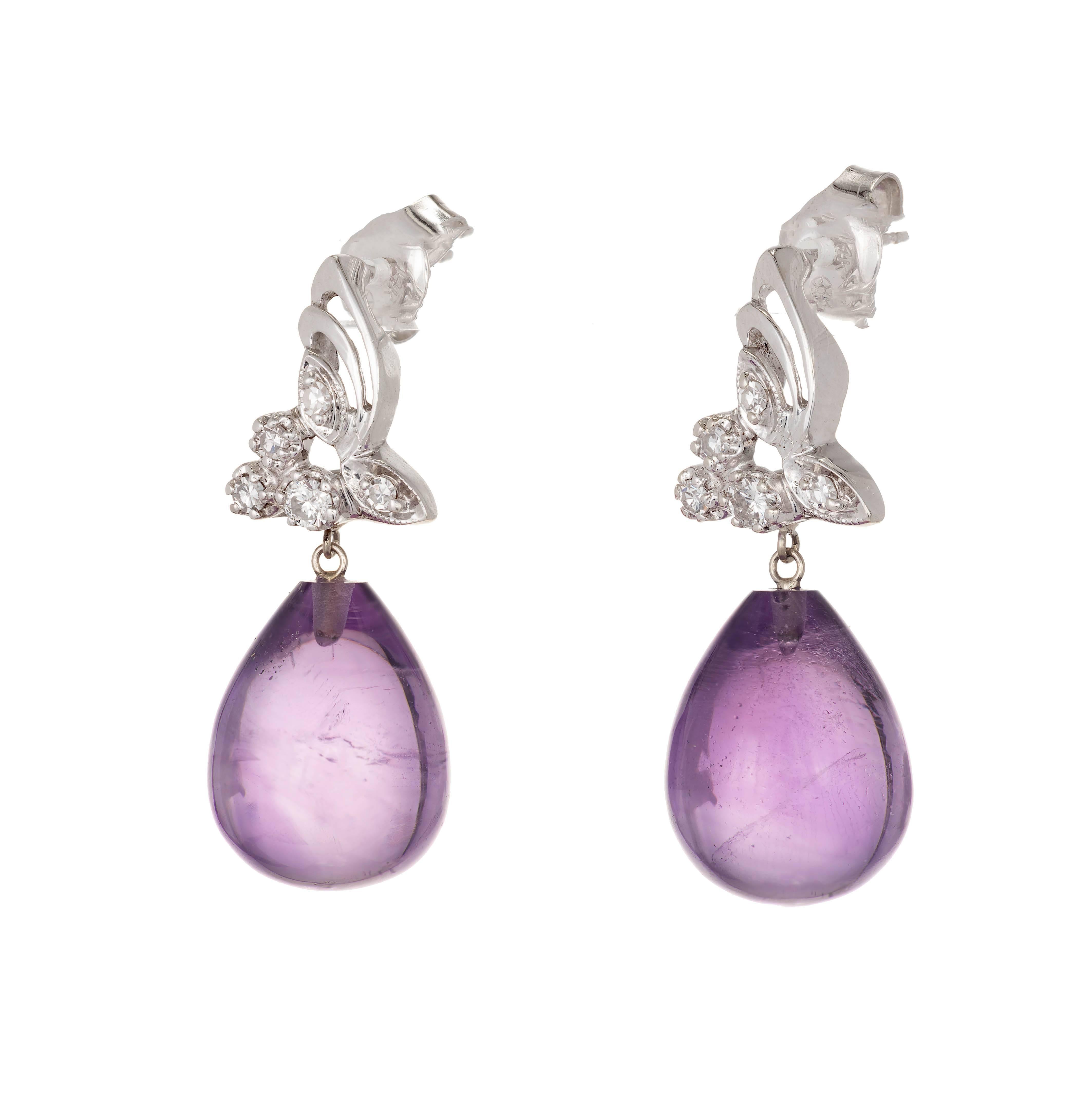 Pear Cut 22.50 Carat Tear Drop Amethyst Diamond Gold Dangle Earrings For Sale