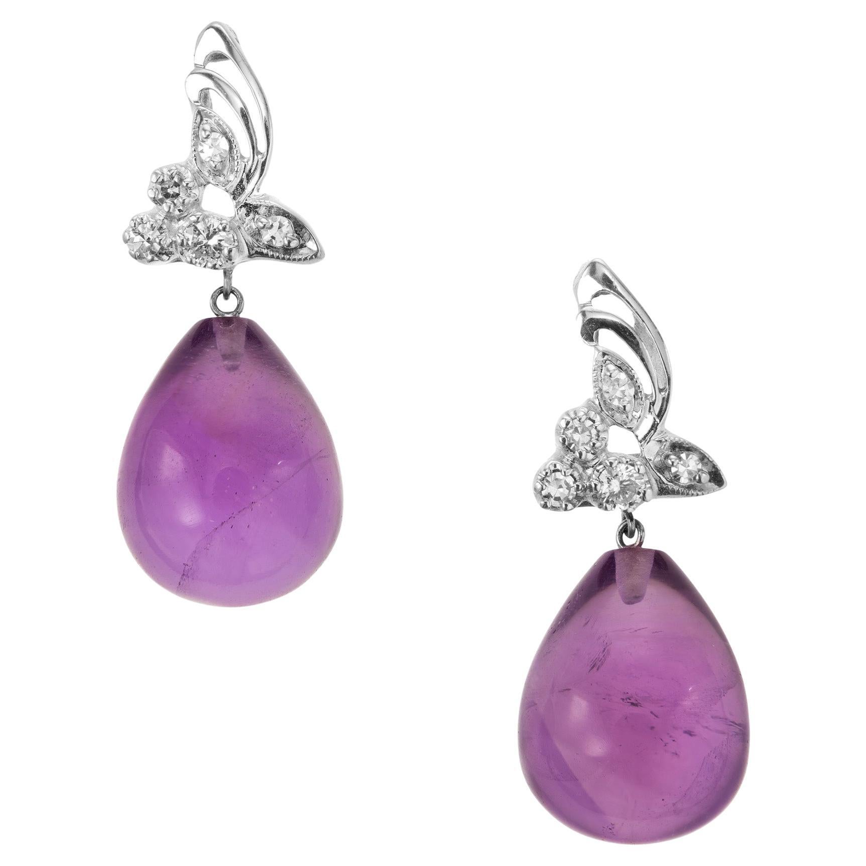 22.50 Carat Tear Drop Amethyst Diamond Gold Dangle Earrings