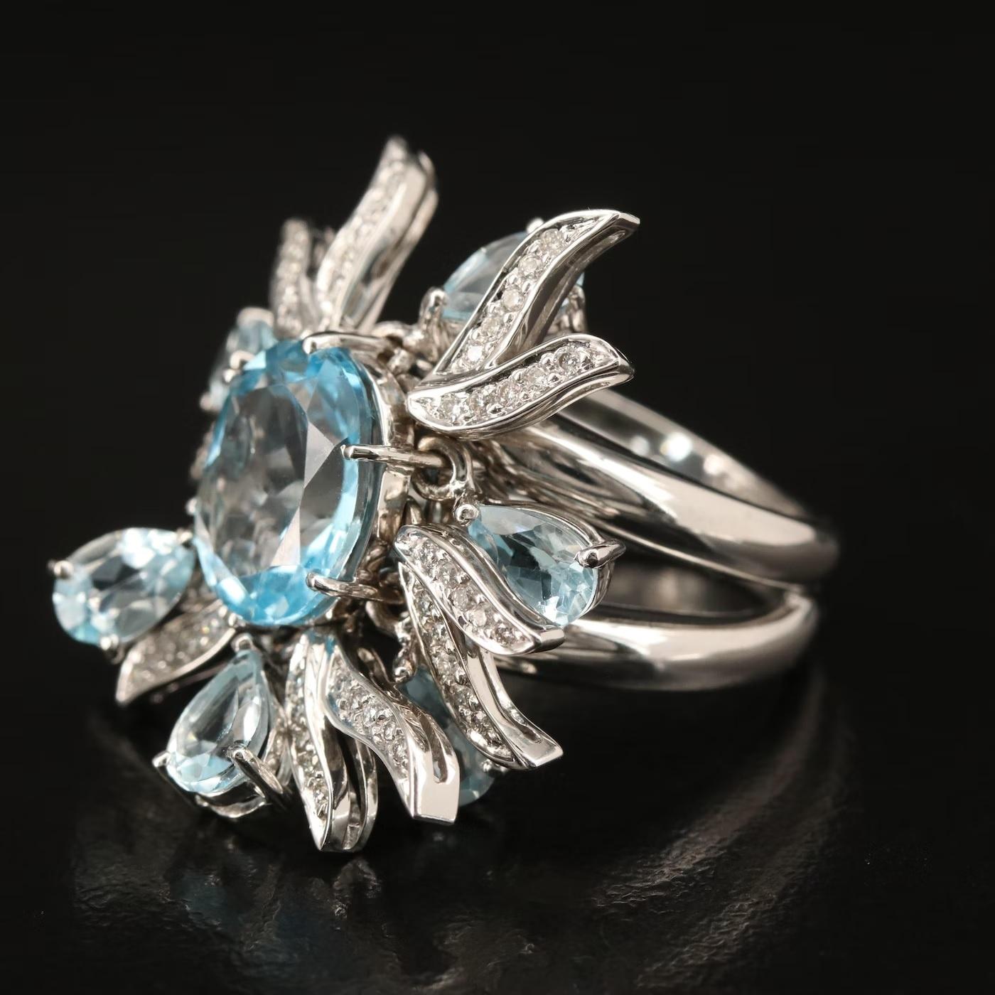 Oval Cut $22500 / Ruth Grieco for Denoir / 18K Sky Blue Topaz & Diamond Articulated Ring For Sale