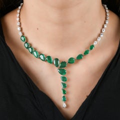 22.52Ct Pear Cut Emerald Diamond Lariat Drop Necklace 14 Karat White Gold