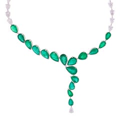 22.52Ct Pear Cut Emerald Diamond Lariat Drop Necklace 18 Karat White Gold