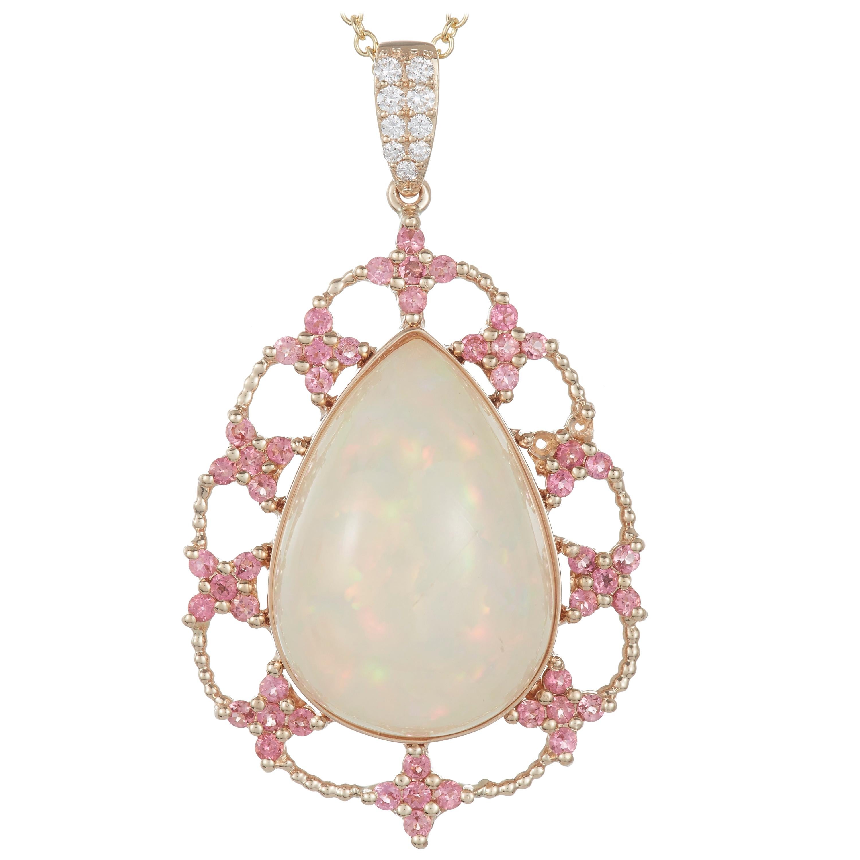 22.53 Carat Pear Opal, Pink Tourmaline and White Diamond Pendant 14 Karat Gold For Sale