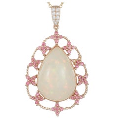 22.53 Carat Pear Opal, Pink Tourmaline and White Diamond Pendant 14 Karat Gold